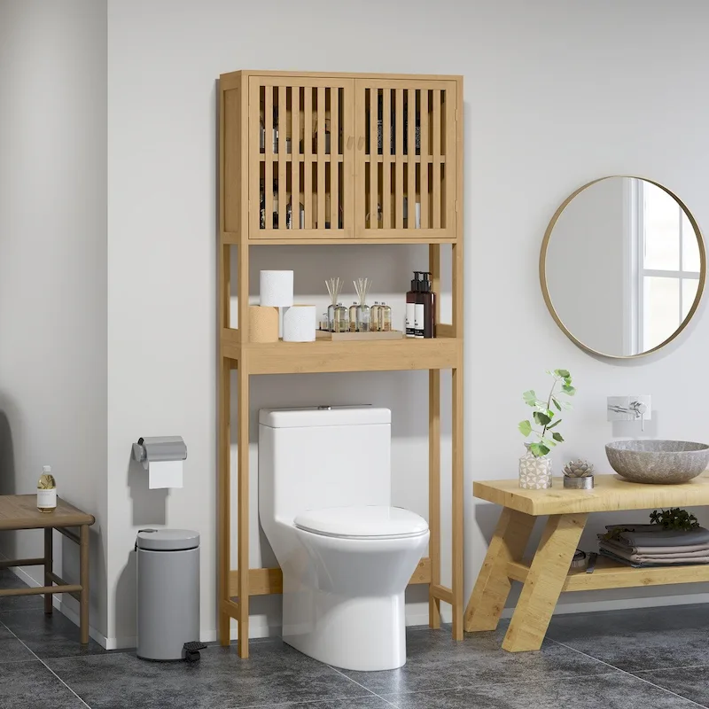 HOMCOM Bamboo Over-the-Toilet Storage Cabinet with Slatted Doors and Adjustable Shelf - Bathroom Organizer