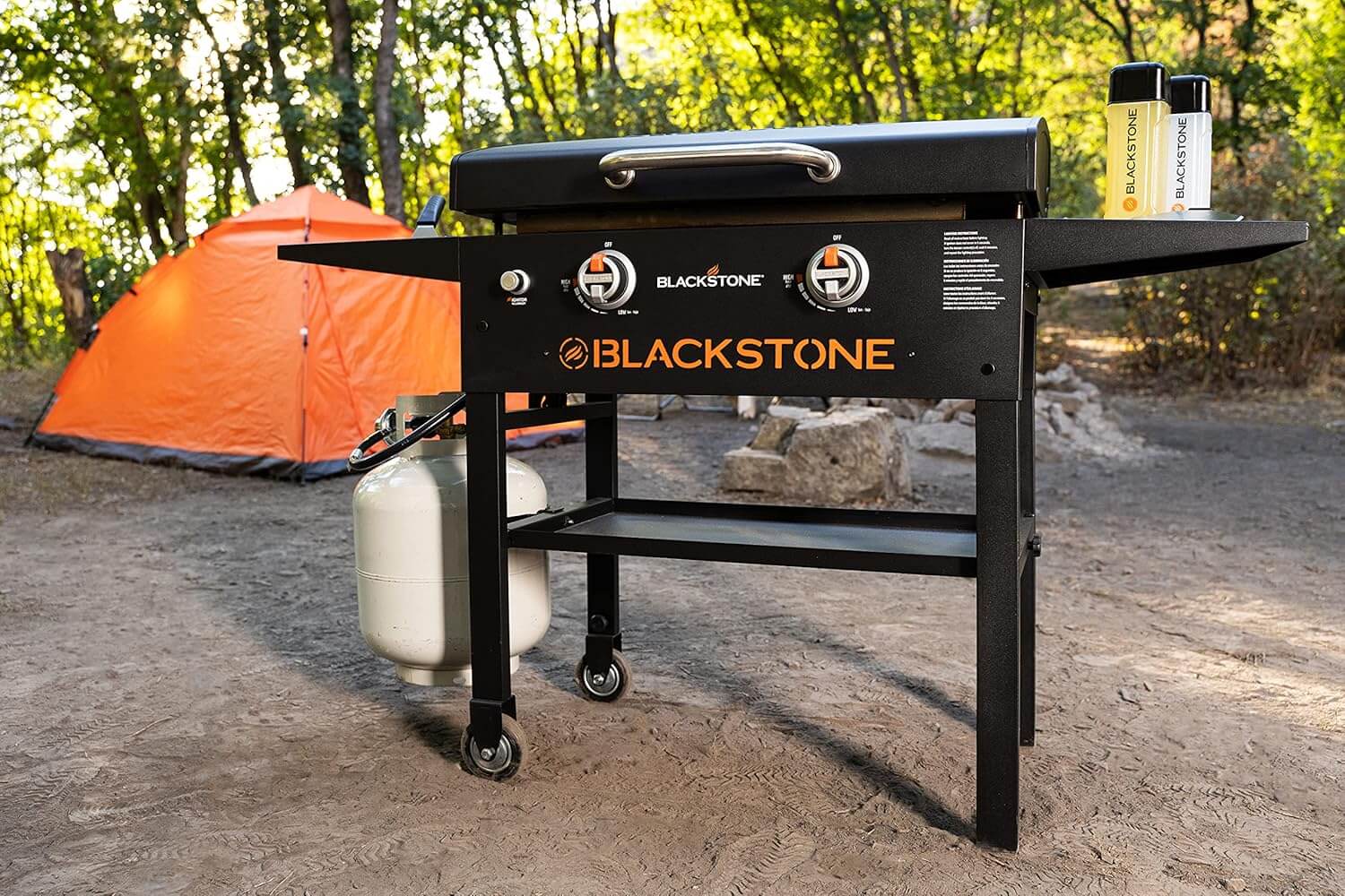 BLACKSTONE 1883 Original 28” Griddle with Integrated Protective Hood and Counter Height Side Shelves, Powder Coated Steel, Black