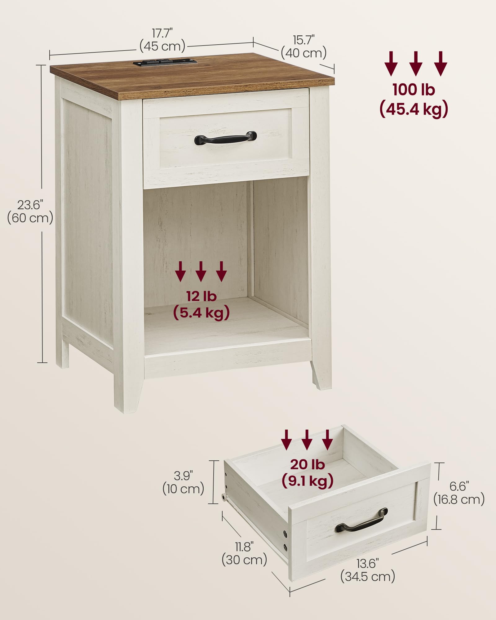 VASAGLE LIRY Collection Farmhouse Nightstands with Charging Station