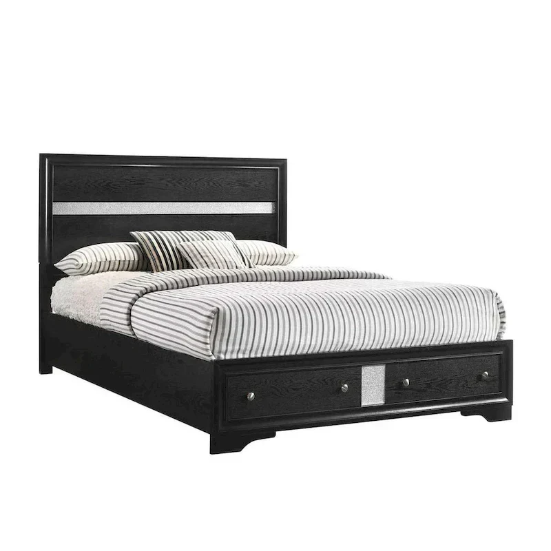 Regi King Size Bed with 2 Storage Drawers, Silver Striped Headboard, Black Wood Frame