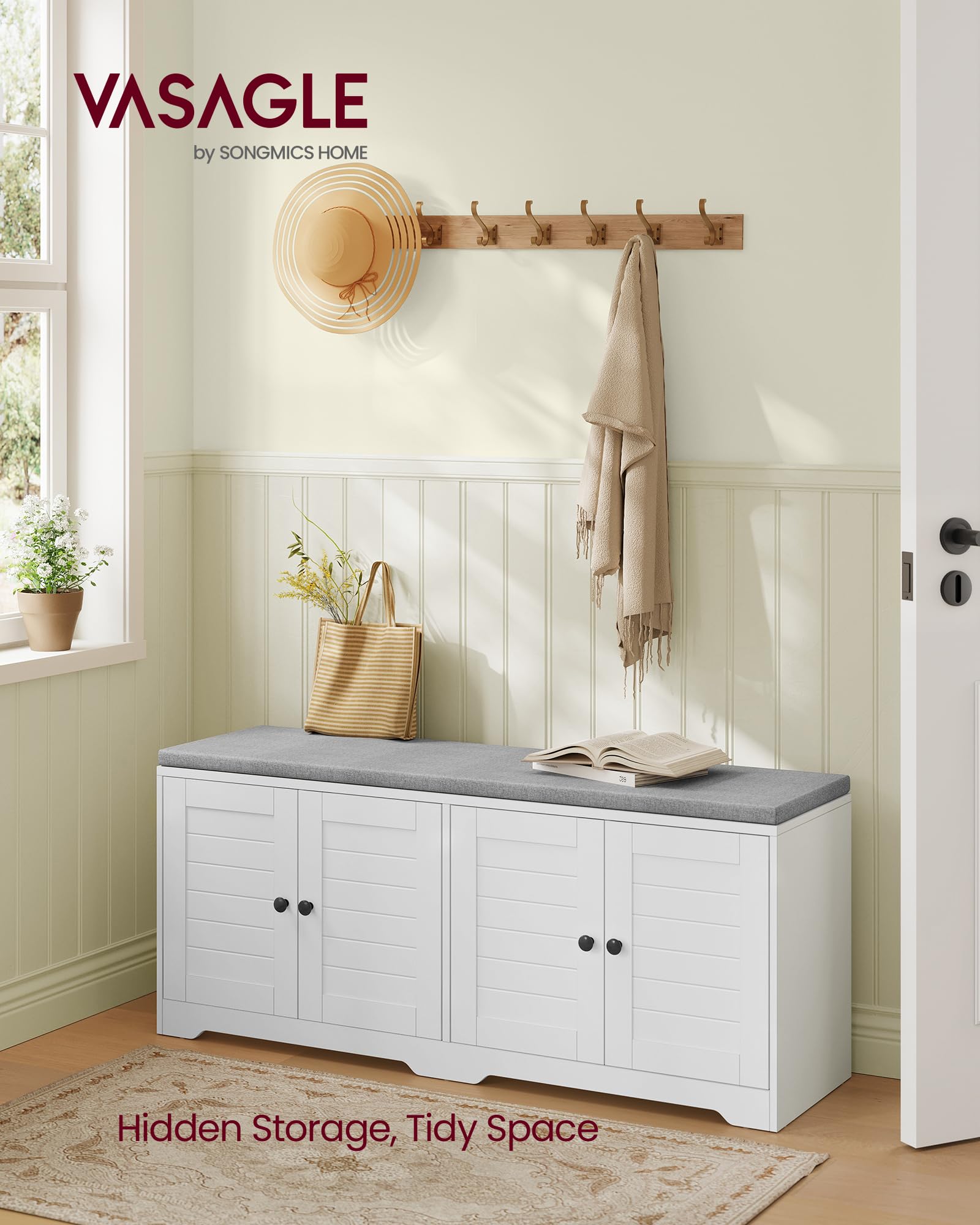 VASAGLE Shoe Storage Bench with Cushion - 3-Tier Entryway