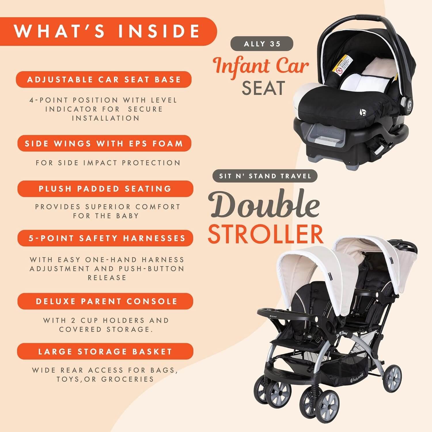 Baby Trend Infant and Toddler Double Stroller & 2 Car Seat Combo, 3 Pc Set, Khaki - Portable and Lightweight Stroller Duo and Car Seat Travel System Tandem