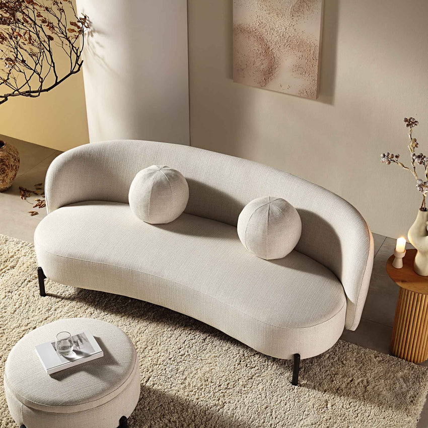 3-Seater Curved Sofa with Ball Cushions, Beige Linen Blend