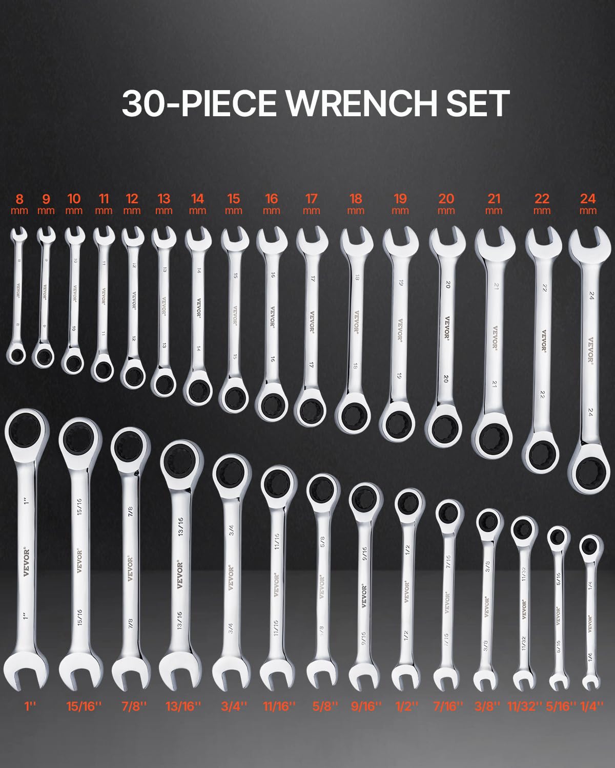 VEVOR 30-Piece Ratcheting Combination Wrench Set