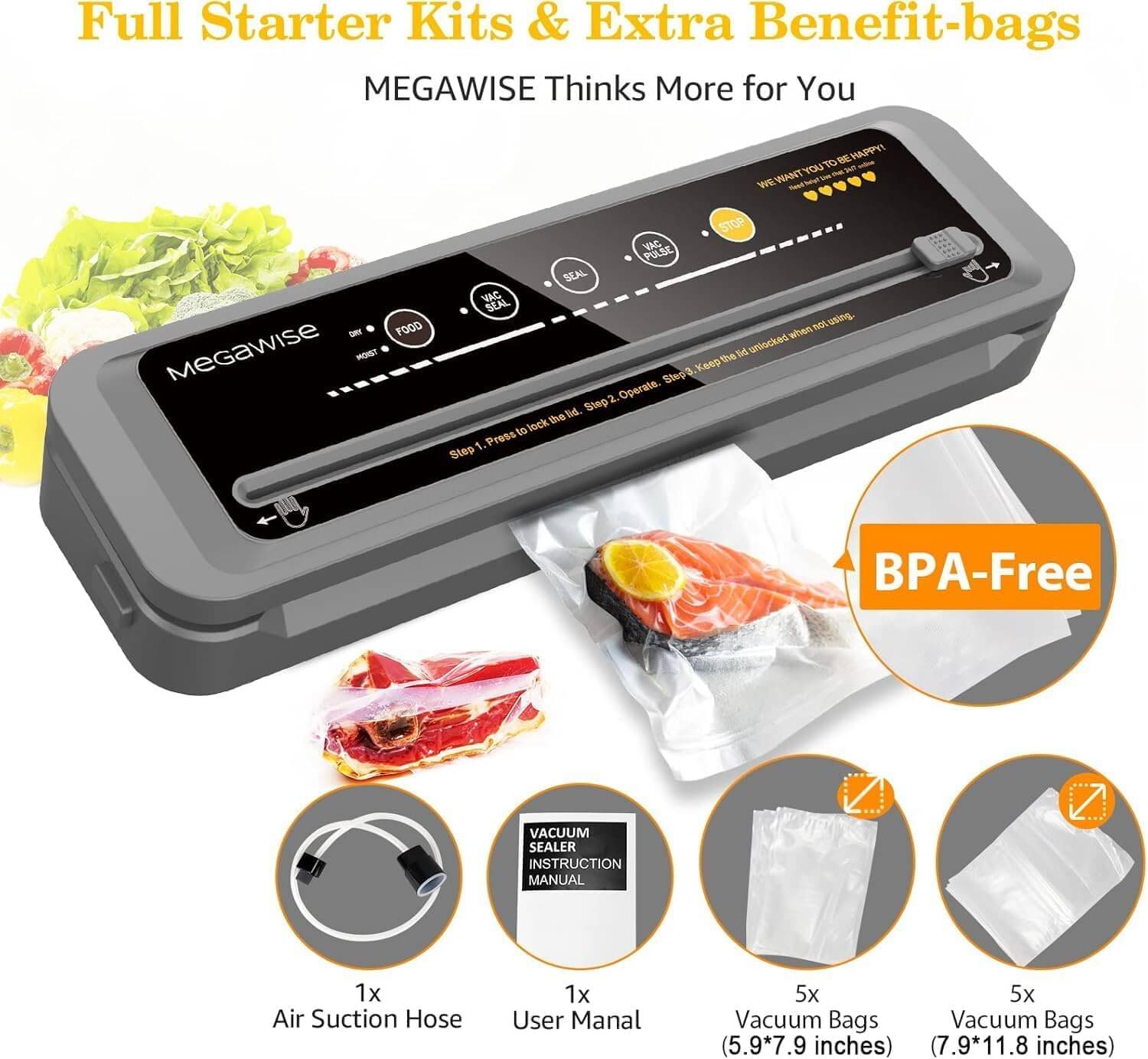 MegaWise Vacuum Sealer Machine,80kPa Suction Power, Bags & Cutter Included, Compact One-Touch Automatic Food Sealer with External Vacuum System, Dry Moist Fresh Modes for All Saving need (Pack of 12)