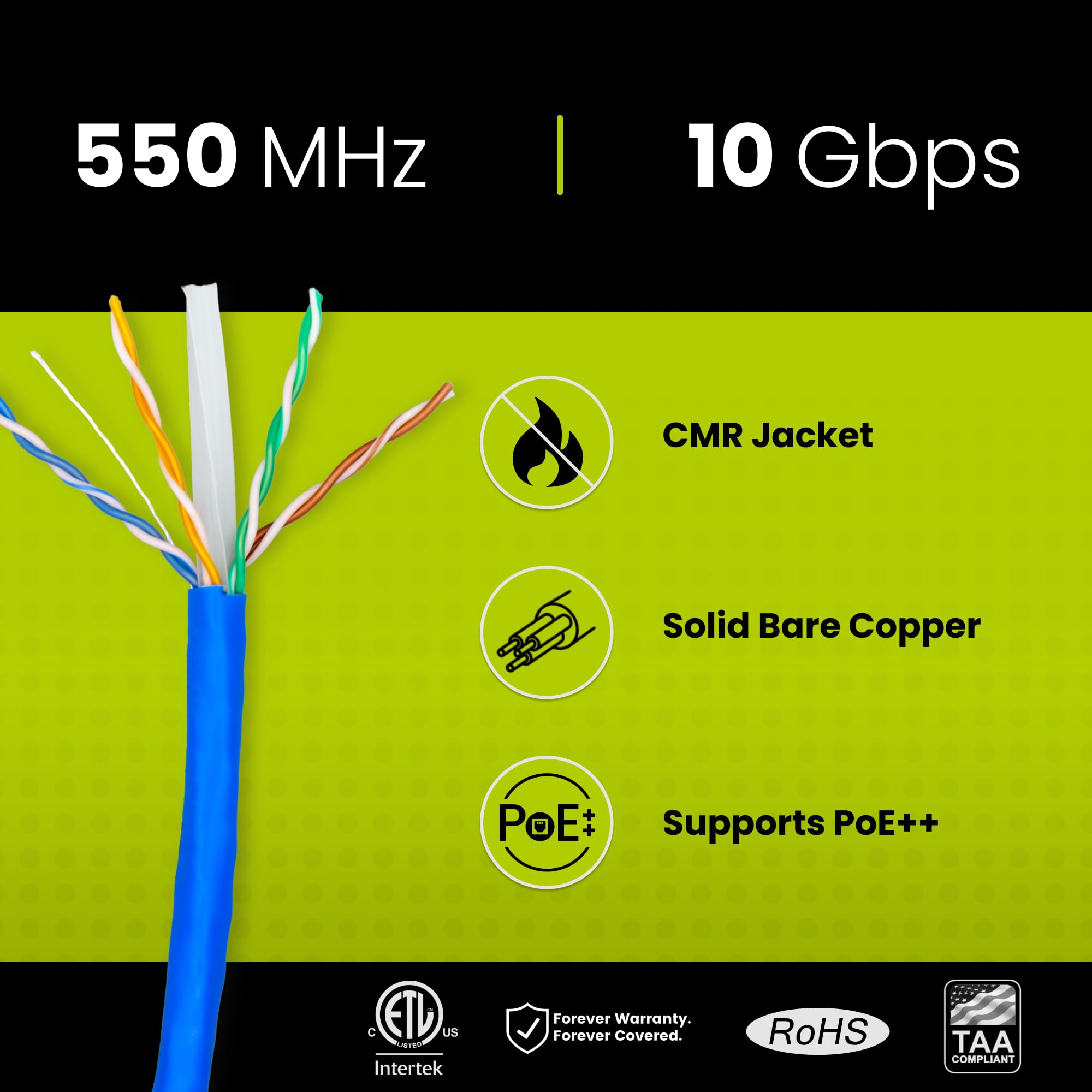 TRUE CABLE Cat6 Riser Cable 1000ft, 23AWG, 550MHz, Blue