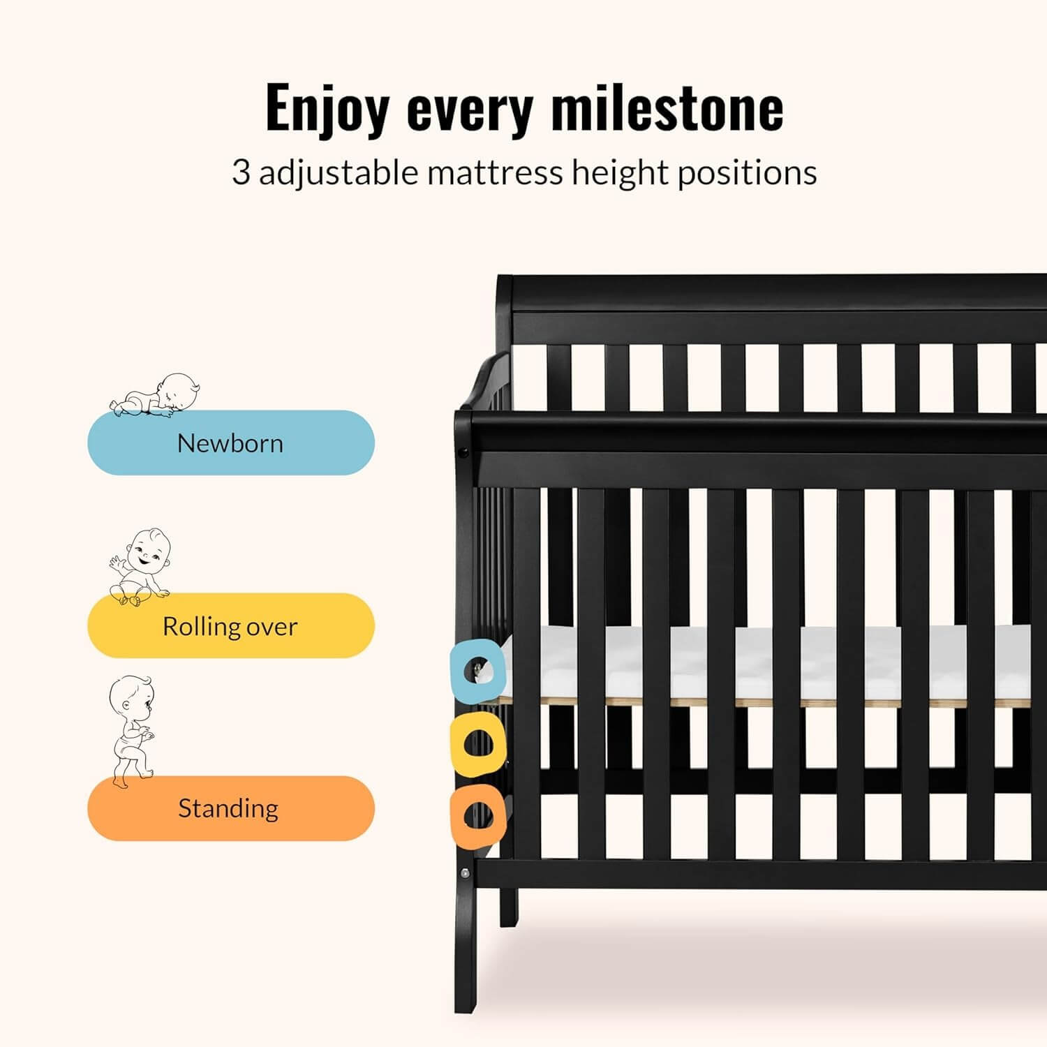 Dream On Me Jayden 4‑in‑1 Mini Convertible Baby Crib & Changer with Storage in Black, Pinewood, GreenGuard Gold & BSA, 1” Mattress Pad, 3 Mattress Heights, Converts to Mini Day & Twin-Size Bed