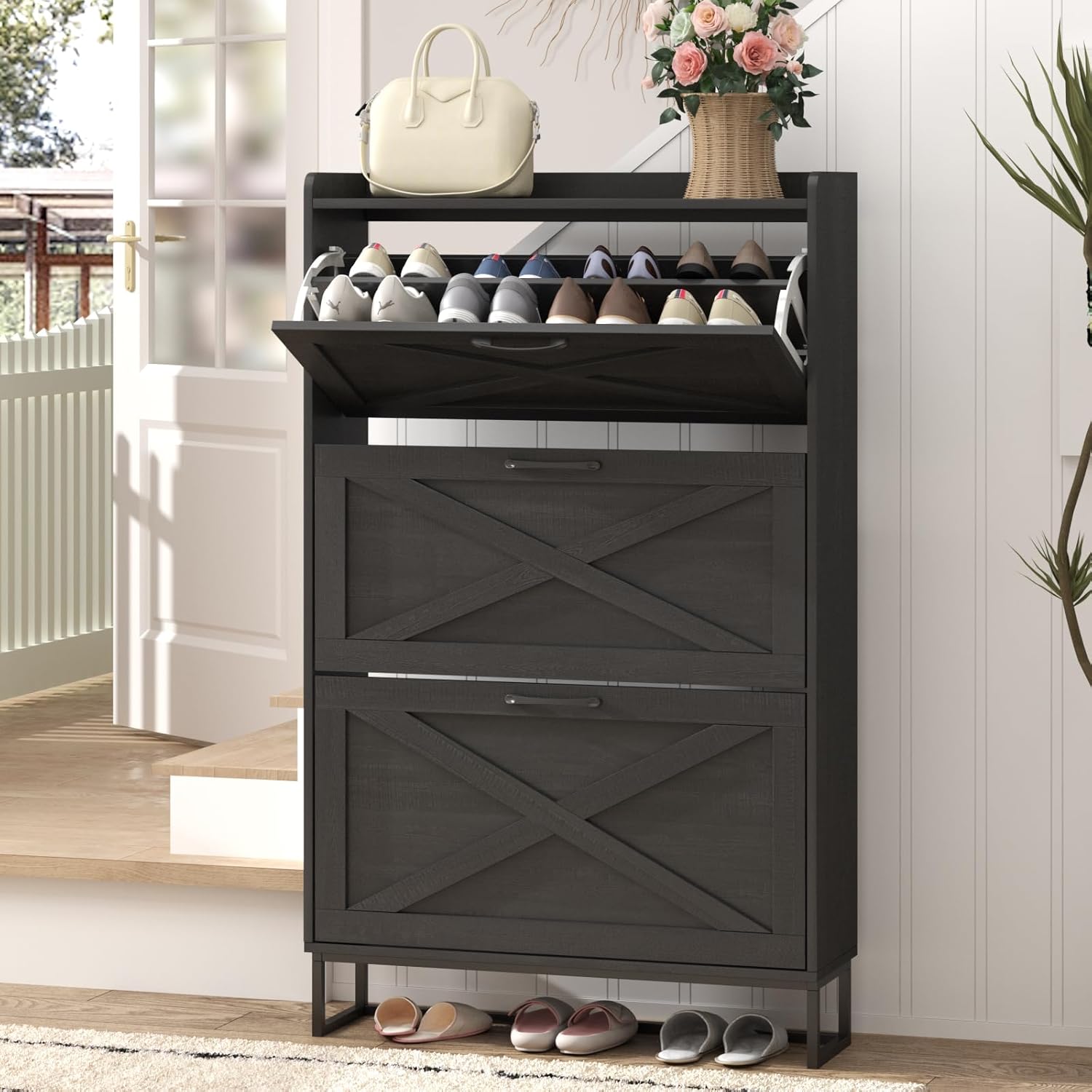 Maupvit Shoe Storage Cabinet with 2 Flip Drawers, Freestanding Organizer with Metal Legs for Entryway, Narrow Shoe Rack Cabinet, Rustic Brown