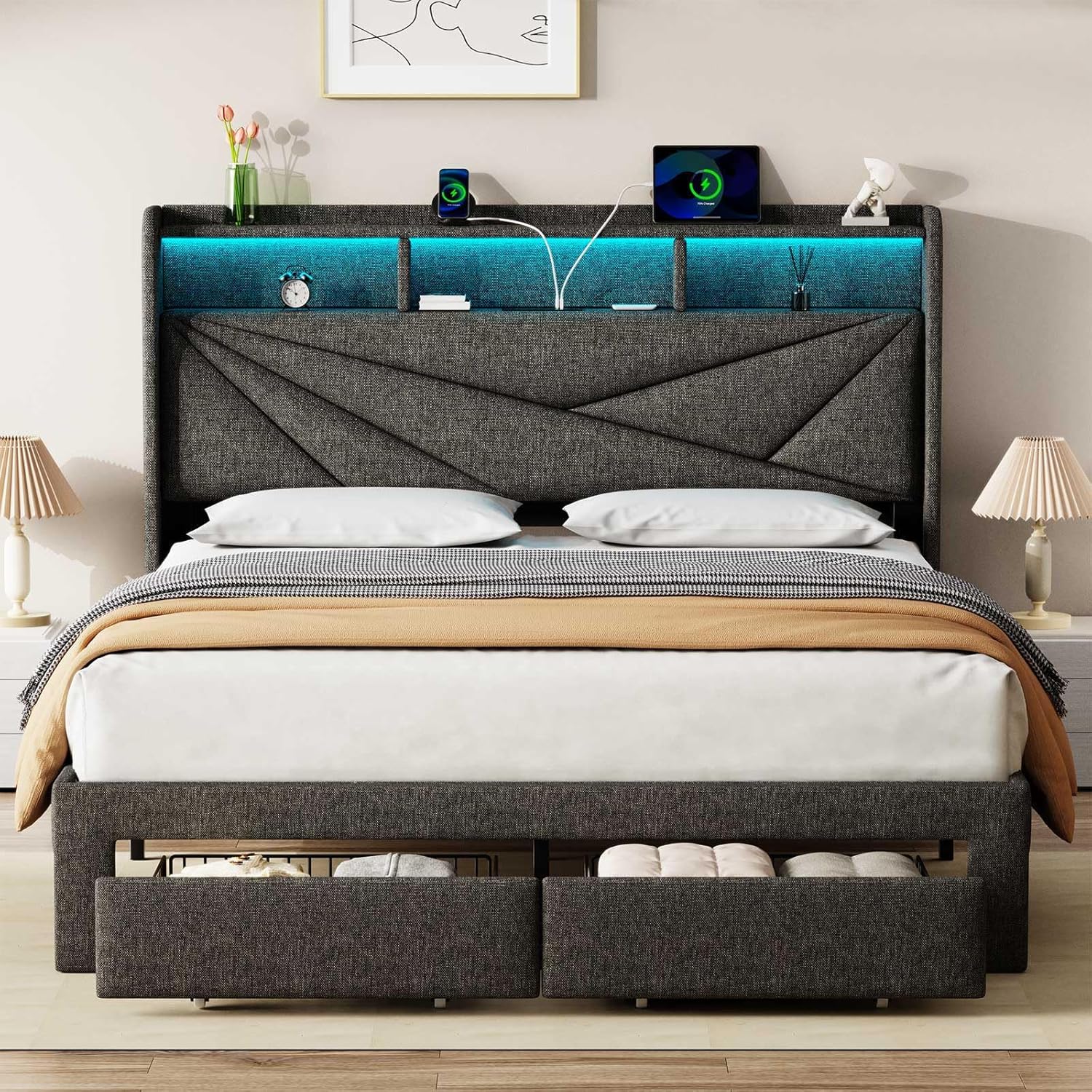 DRIFTALIA Led King Size Bed Frame with Storage Drawers