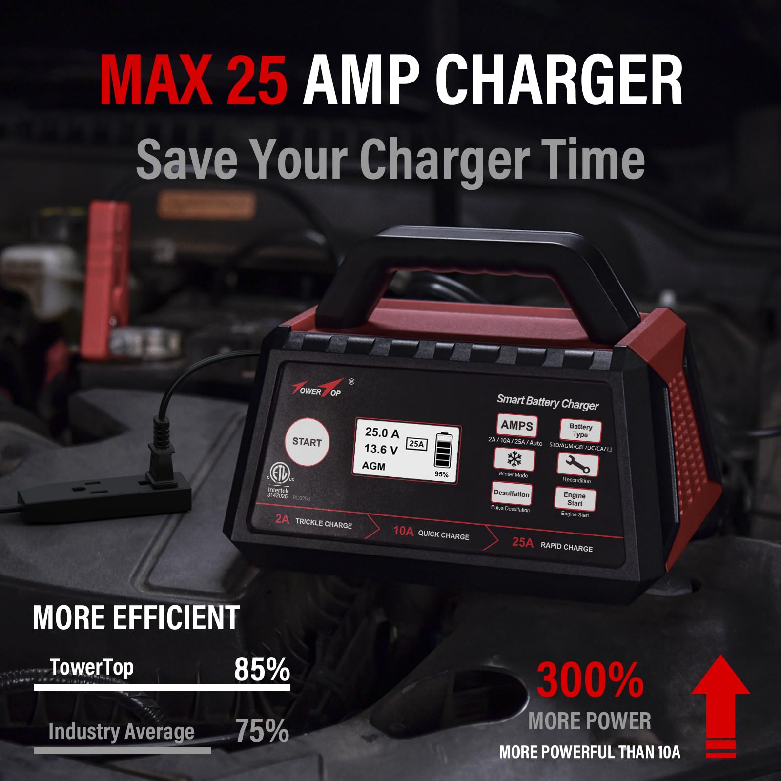 TOWERTOP 12V Smart Car Battery Charger & Maintainer 2/10/25 Amp