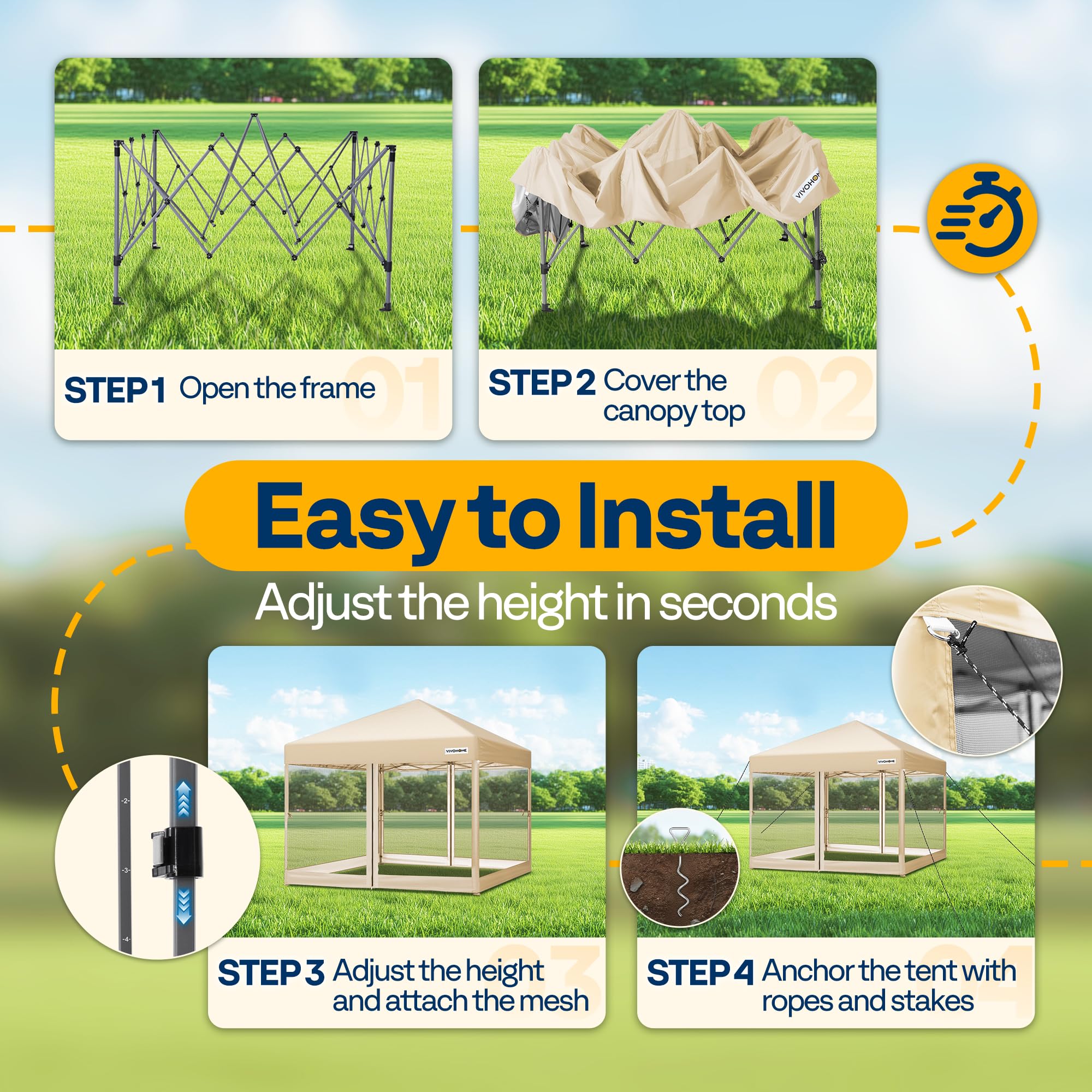 VIVOHOME 10x10ft Easy Pop-Up Canopy Tent with Mosquito Net