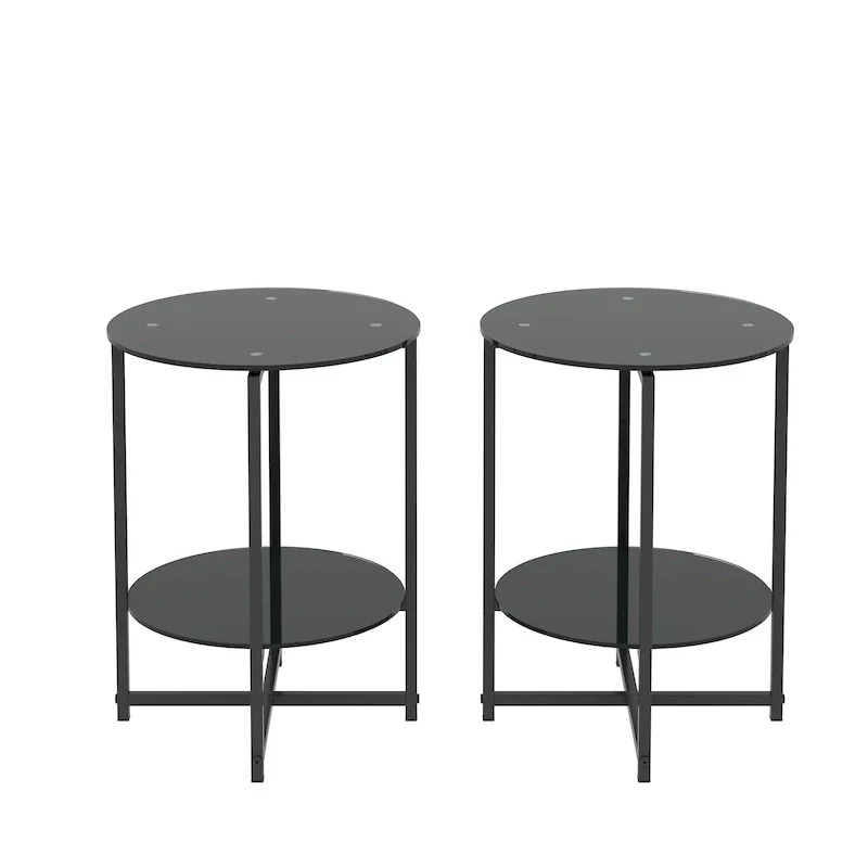 Black 2-Piece Tempered Glass End Table Set - Round Coffee Table for Bedroom, Living Room, and Office