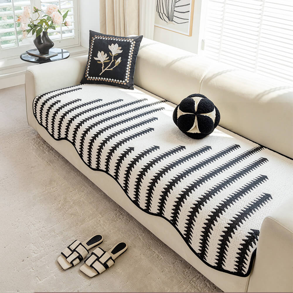 Modern Chevron Stripes Chenille One-Piece Couch Cover with Wavy Edges
