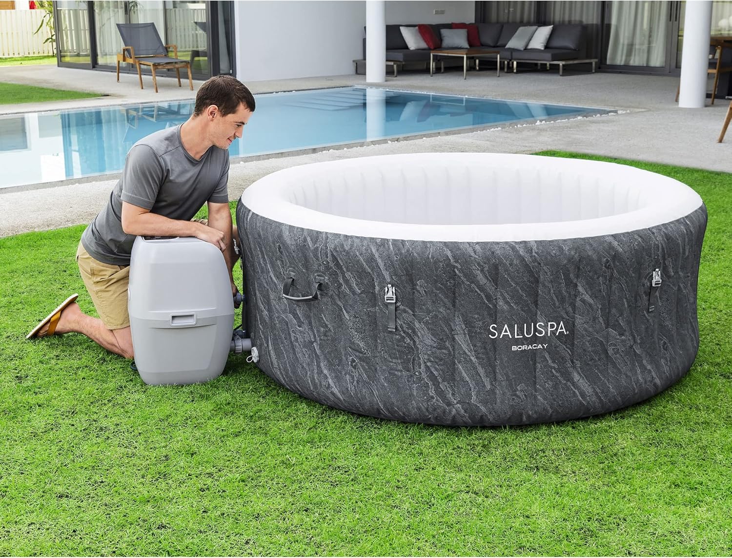 Bestway SaluSpa Fiji AirJet Large Round 2 to 4 Person Inflatable Hot Tub Portable Outdoor Spa with 120 AirJets and EnergySense Cover, Grey