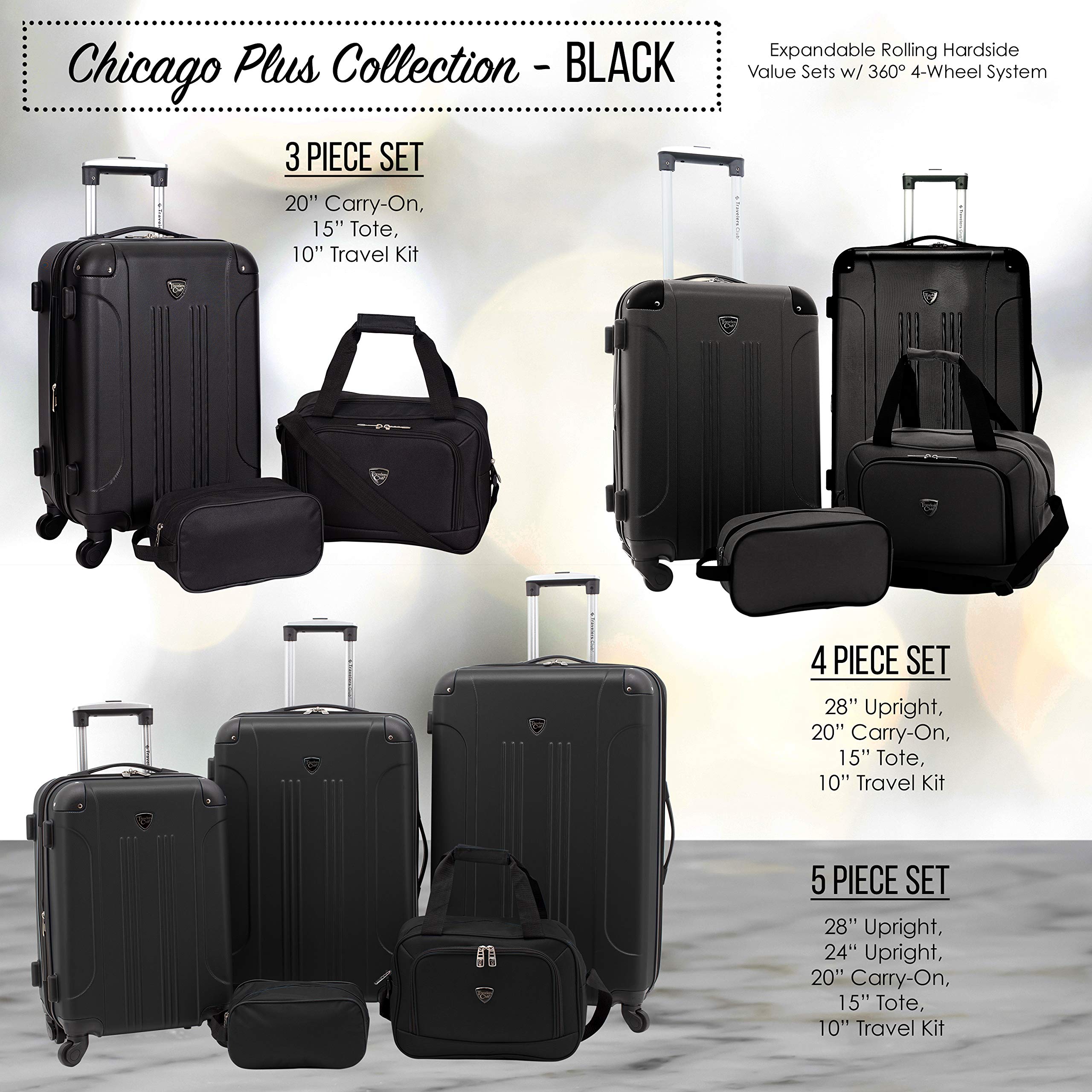 TRAVELERS CLUB Chicago Hardside Spinner Luggage Set, Black, 5-Piece