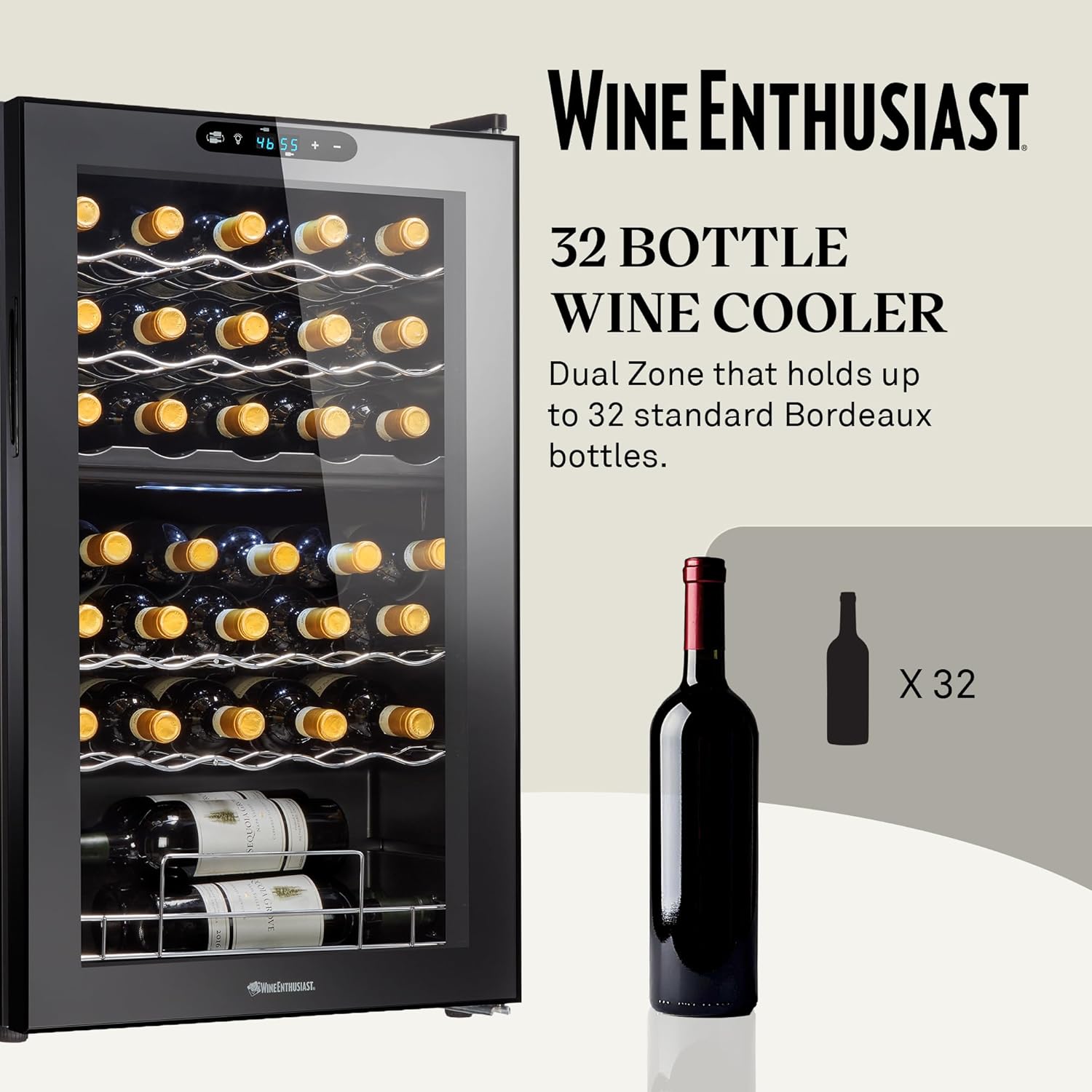 32 bottle dual zone wine cooler compressor freestanding mini refrigerator 5 shelf digital touchscreen LED display black