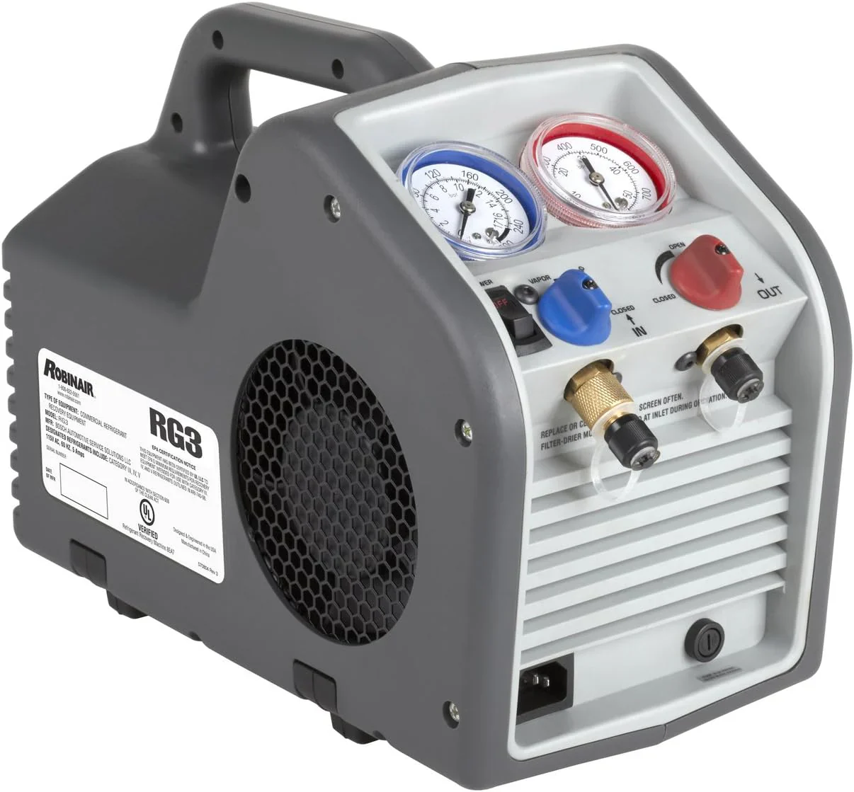 (RG3 Portable Refrigerant Recovery Machine – 115V, 60Hz, for Both Liquid and Vapor Refrigerant, White