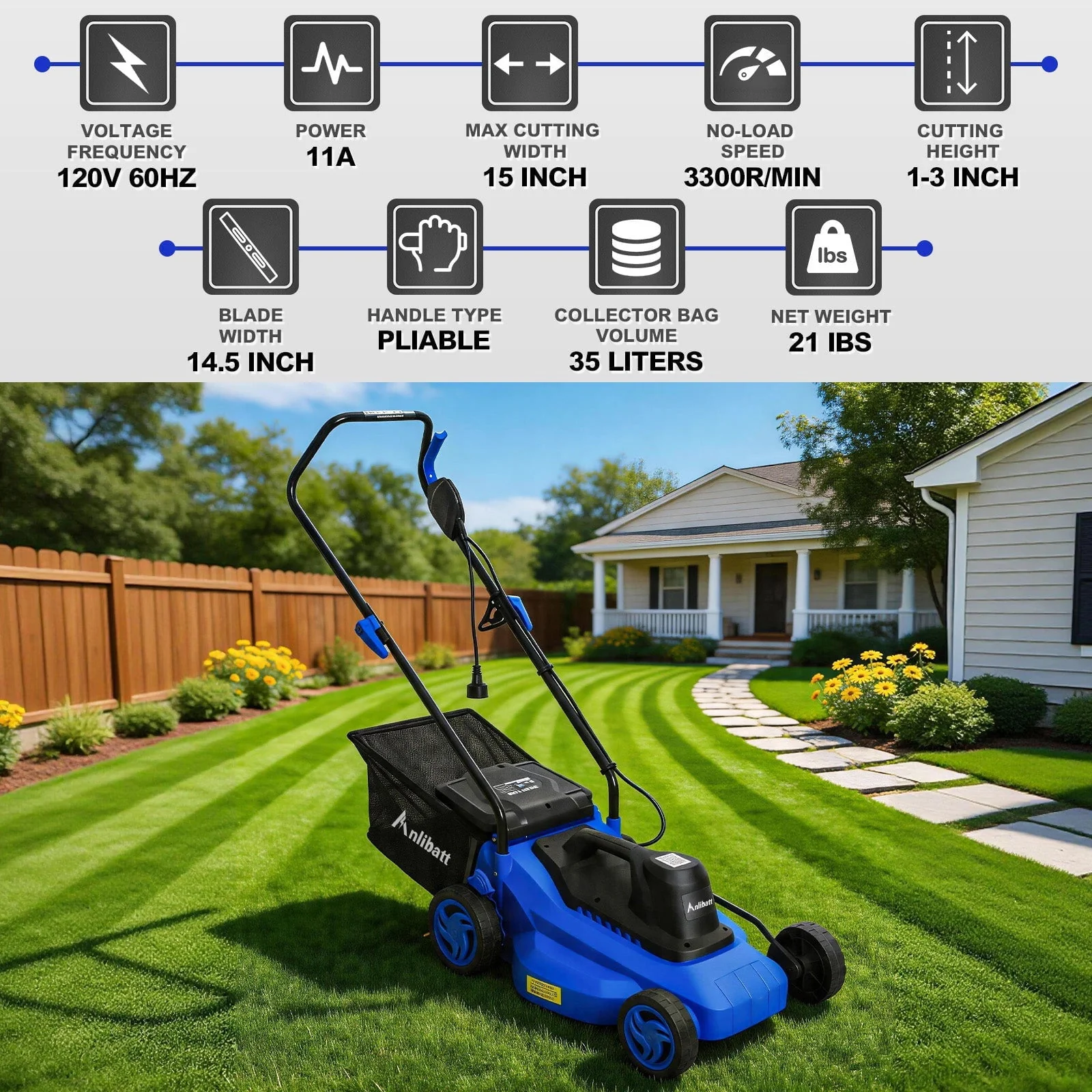 ANLIBATT 15 Inch Corded Electric Push Lawn Mower With 9.2 Gallon Collection Bag, 5-Position Height Adjustment, Lightweight for Yard & Garden