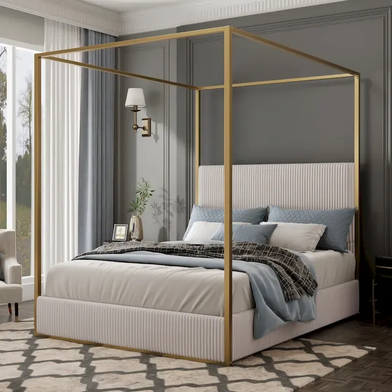 Metal Canopy Platform Bed with Vertical Stripe Upholstered Wingback Headboard - Four Poster, Low Profile Design