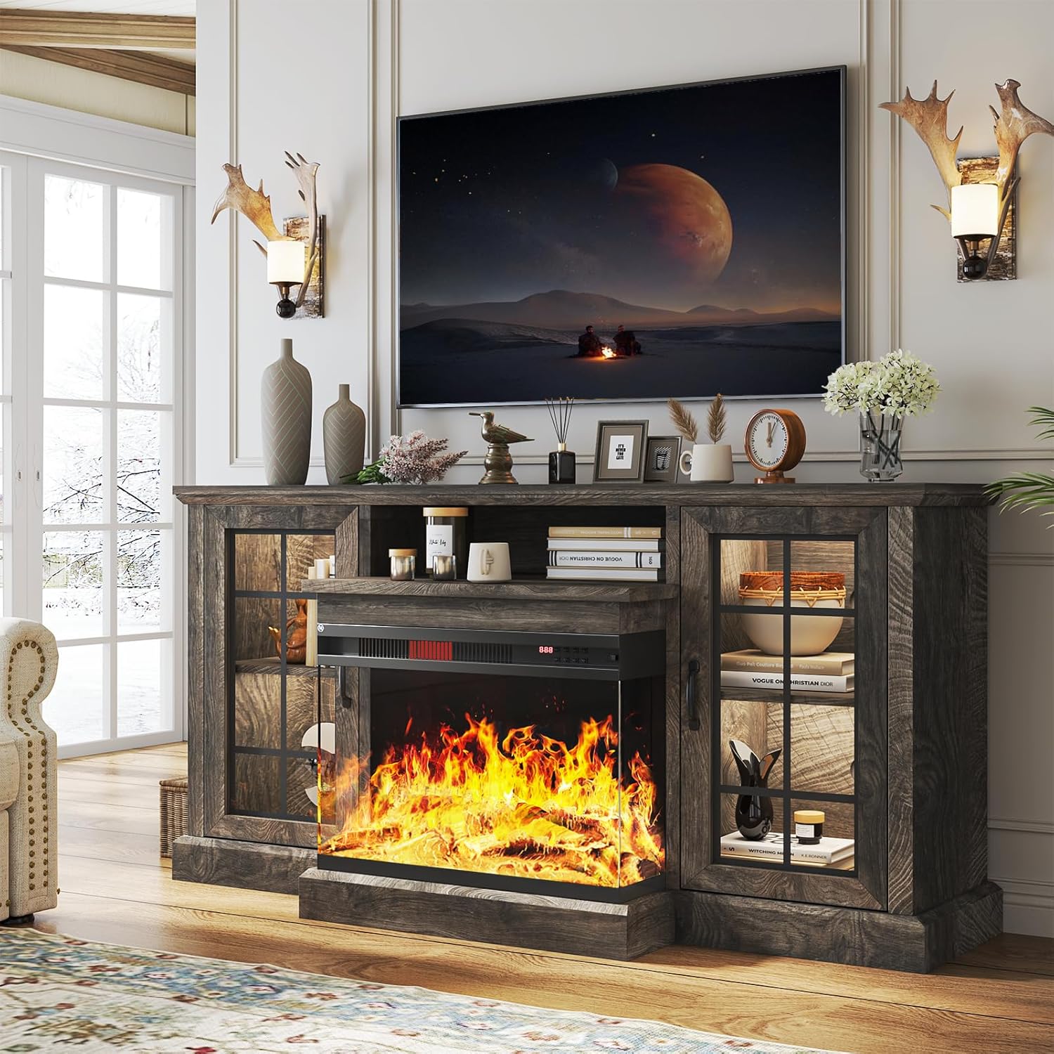 oneinmil 59'' Fireplace TV Stand, 3 Sided Glass Media Entertainment Center Console Table for TVs up to 65'' with Glass Door Adjustable Flame LED Color for Living Room, Set of TV Table, White