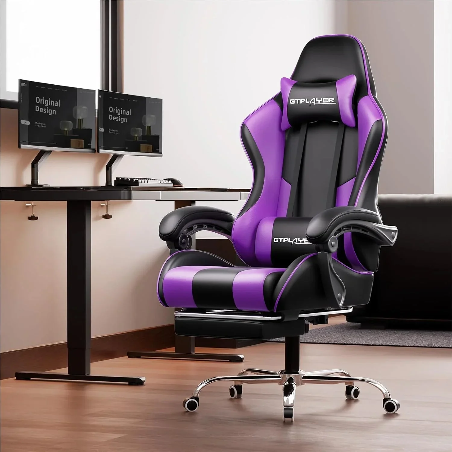 GTPLAYER Gaming Chair with Footrest and Lumbar Support – Ergonomic Computer Chair with Headrest, 360° Swivel, Height Adjustable, White