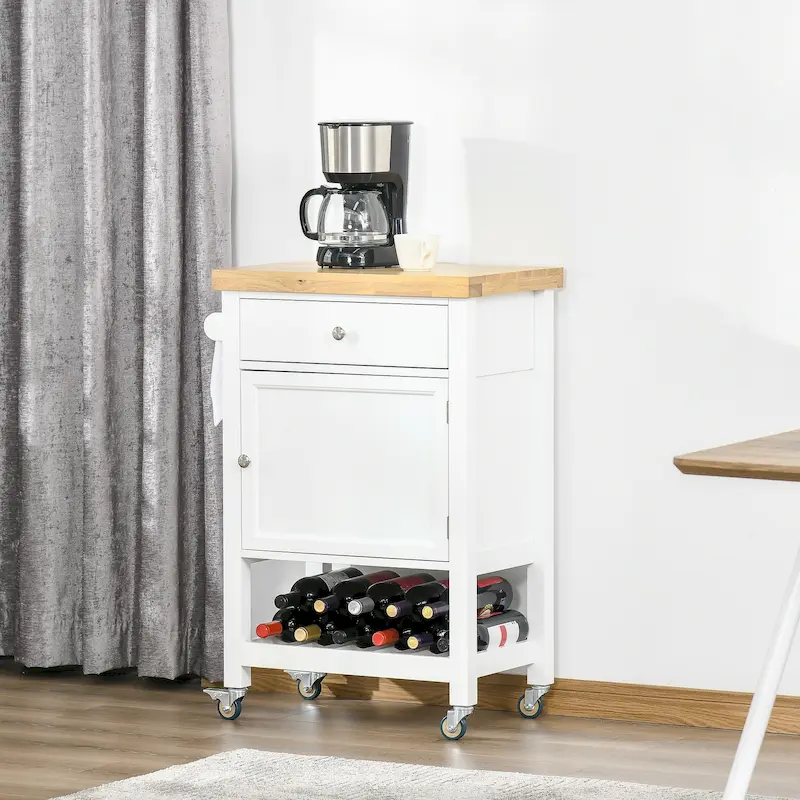 HOMCOM Rolling Kitchen Cart - Versatile Kitchen Island with Smooth Rubberwood Top and Narrow Butcher Block Surface on Wheels
