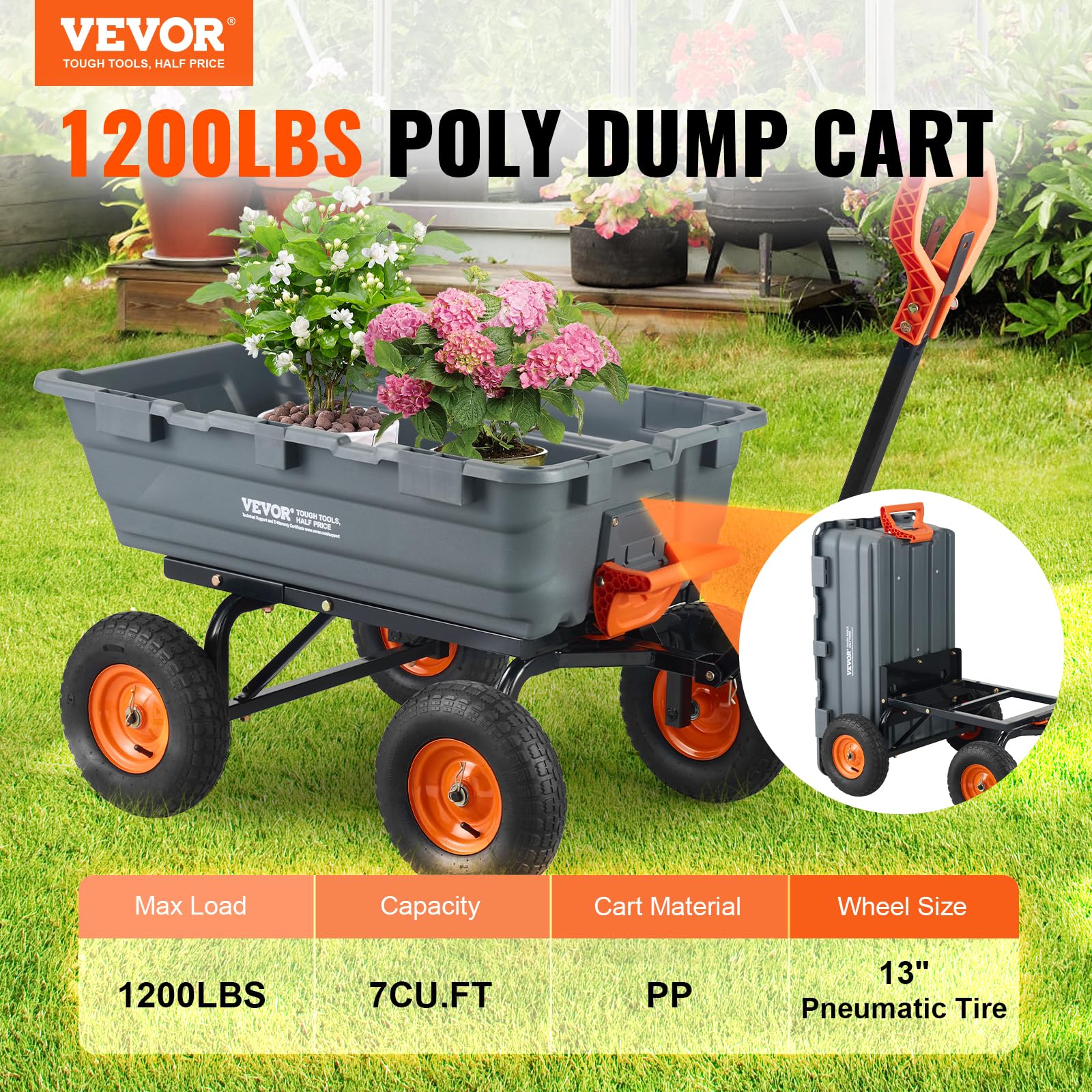 VEVOR Heavy Duty 1200lbs Garden Dump Cart Wagon