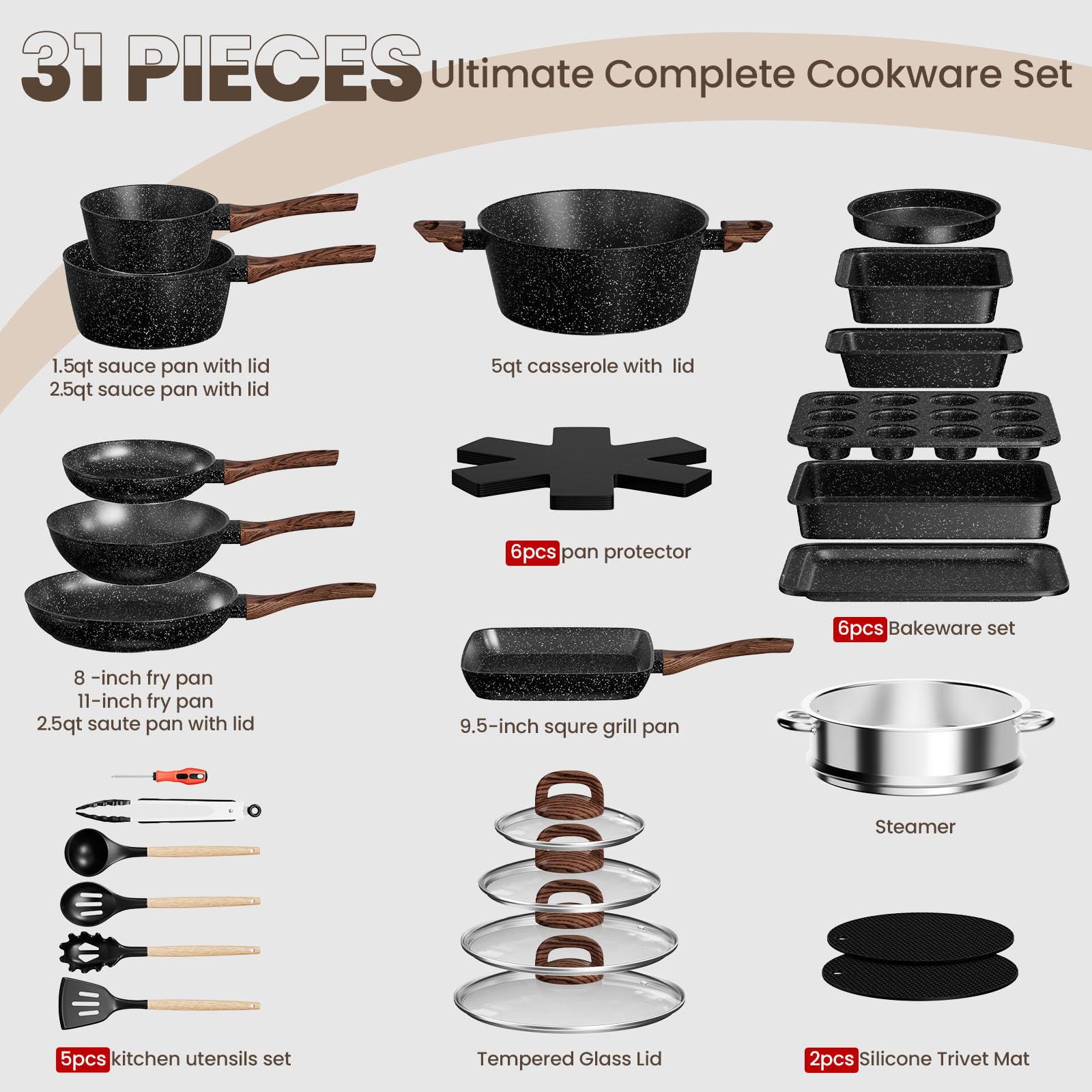 UMITE CHEF Non-Stick 31-Piece Pots and Pans Cookware Set