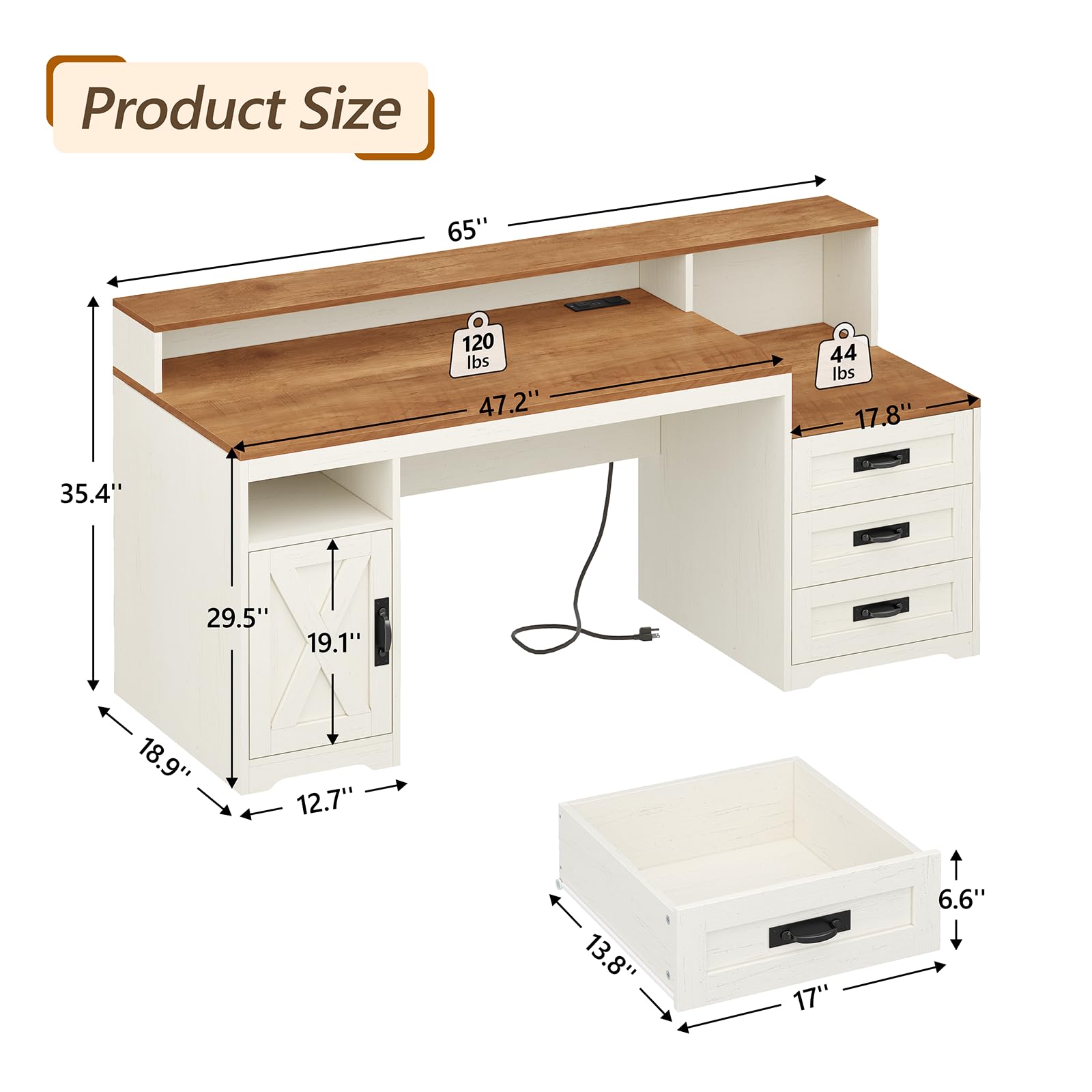 TVU Farmhouse Computer Desk with Drawers and Outlets