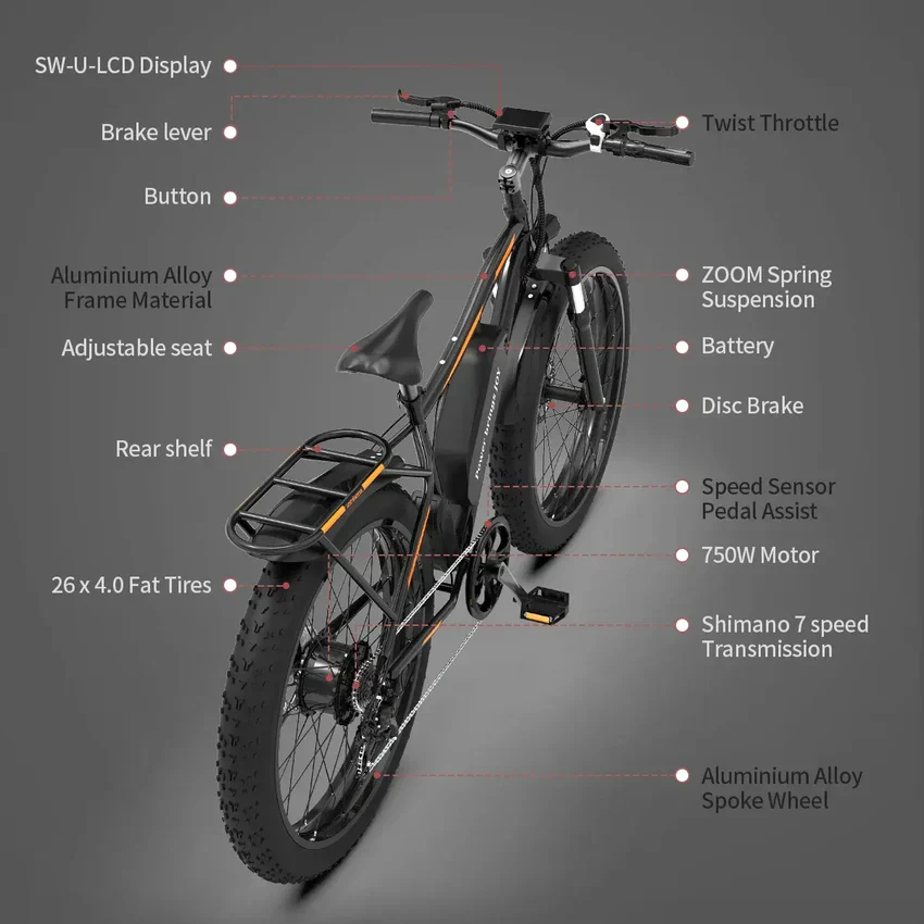26 In.48V 13Ah 750W Mountain Electric Bikes for Adults Men, 26