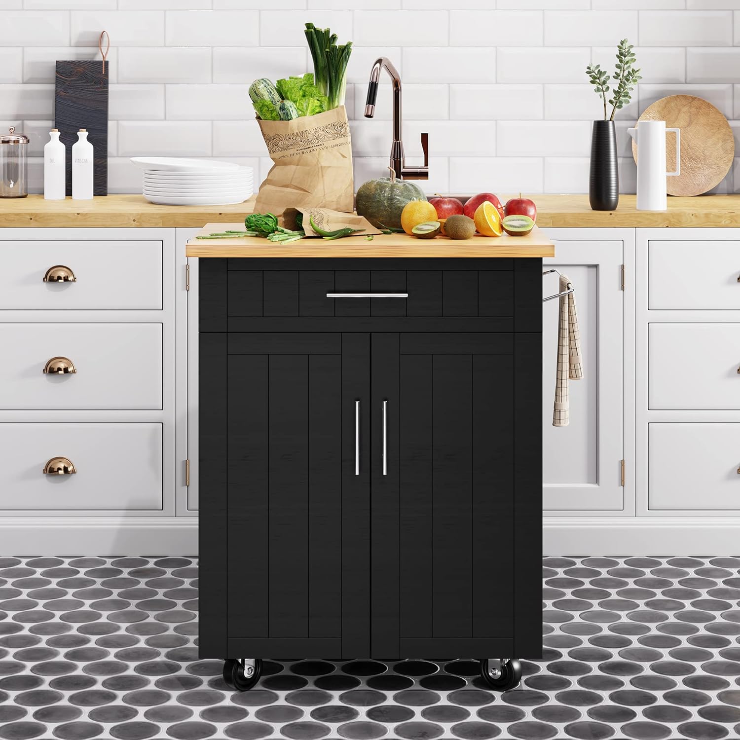 Shintenchi Kitchen Island Cart with Storage,Rolling Side Table on Wheels with Large Worktop, Cabinet,Towel Rack and Drawers for Kitchen,Dinning Room