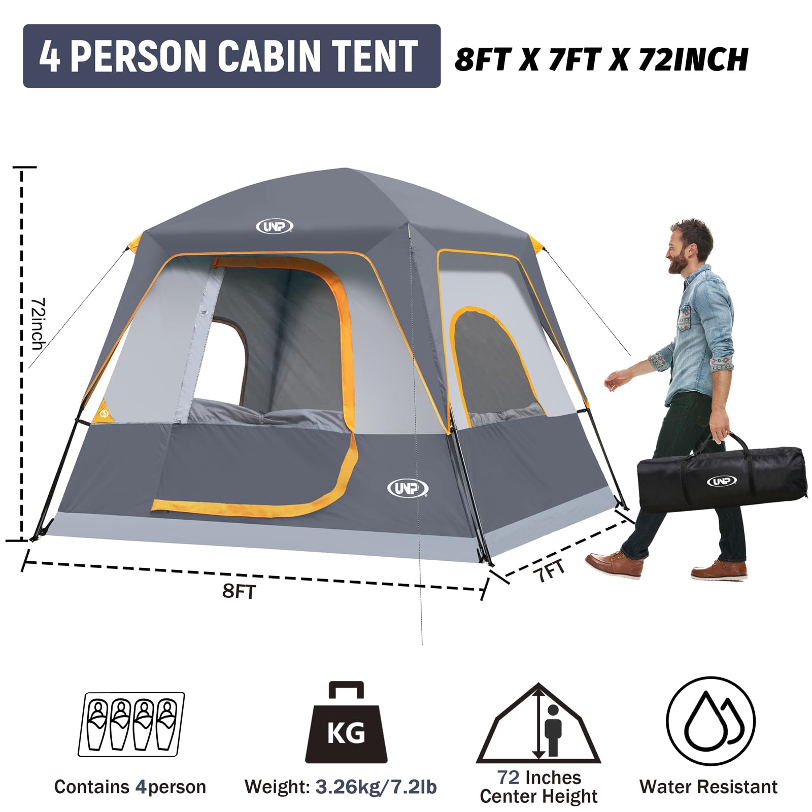 UNP 4-Person Waterproof Portable Camping Tent with Rainfly