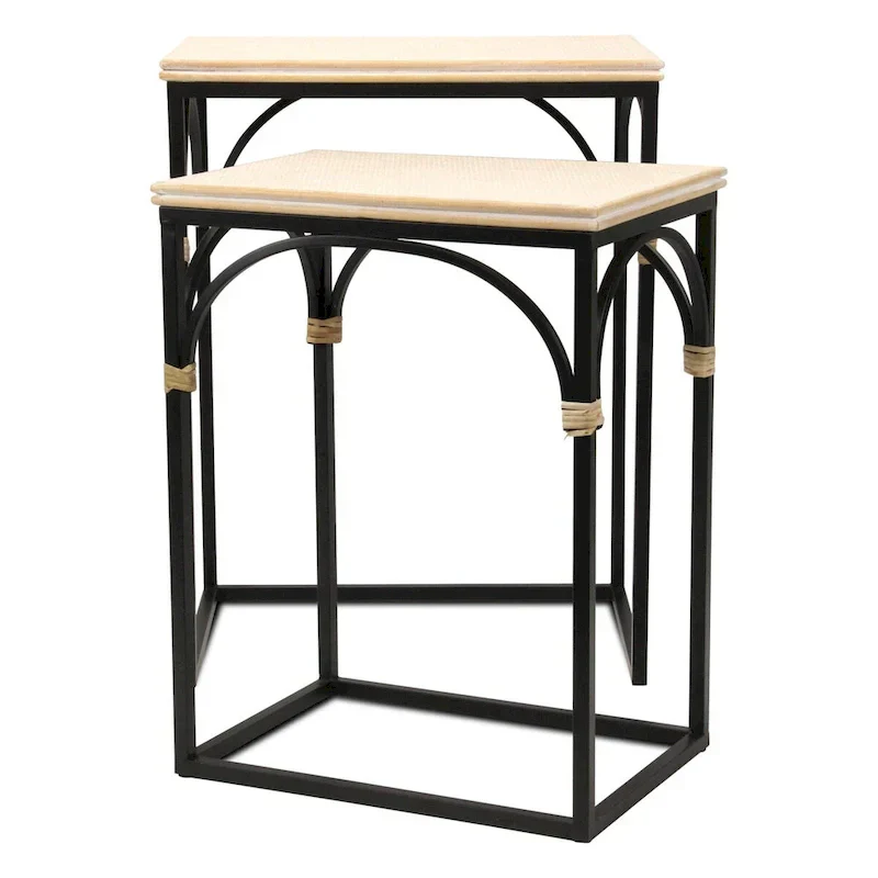 Claudette Set of 2 Rectangle Side Tables with Rattan Accents in Wood and Metal