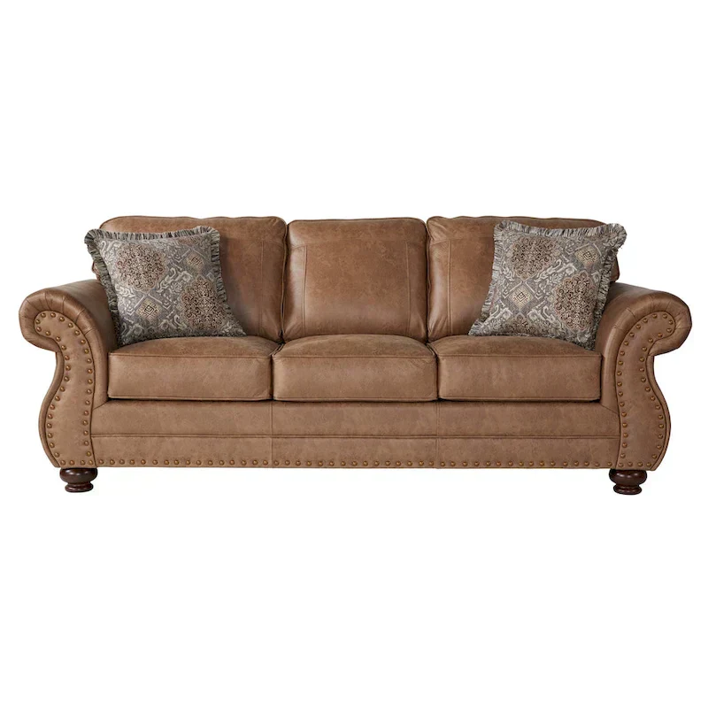 Roundhill Furniture Leinster Brown Fabric Sofa and Loveseat with Nailhead Trim
