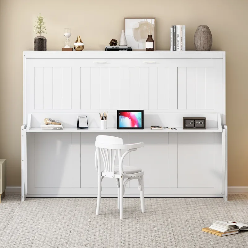 Queen/Full Size Murphy Bed with Hydraulic Lift and Integrated Desk Design