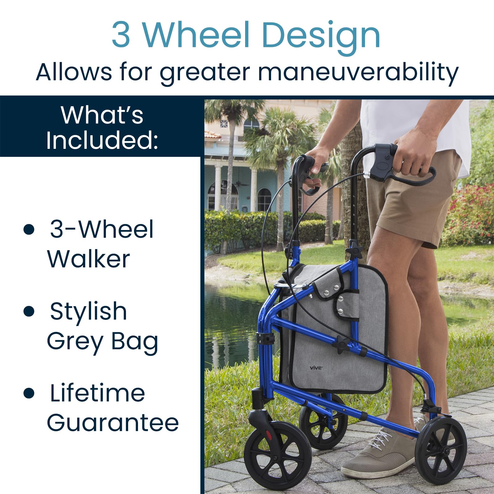 VIVE MOBILITY 3 Wheel Walker - Lightweight Foldable Rollator for Seniors