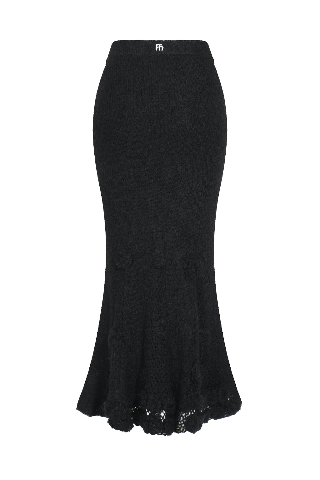 Jupe longue en mohair melangé en crochet à fleurs - noir