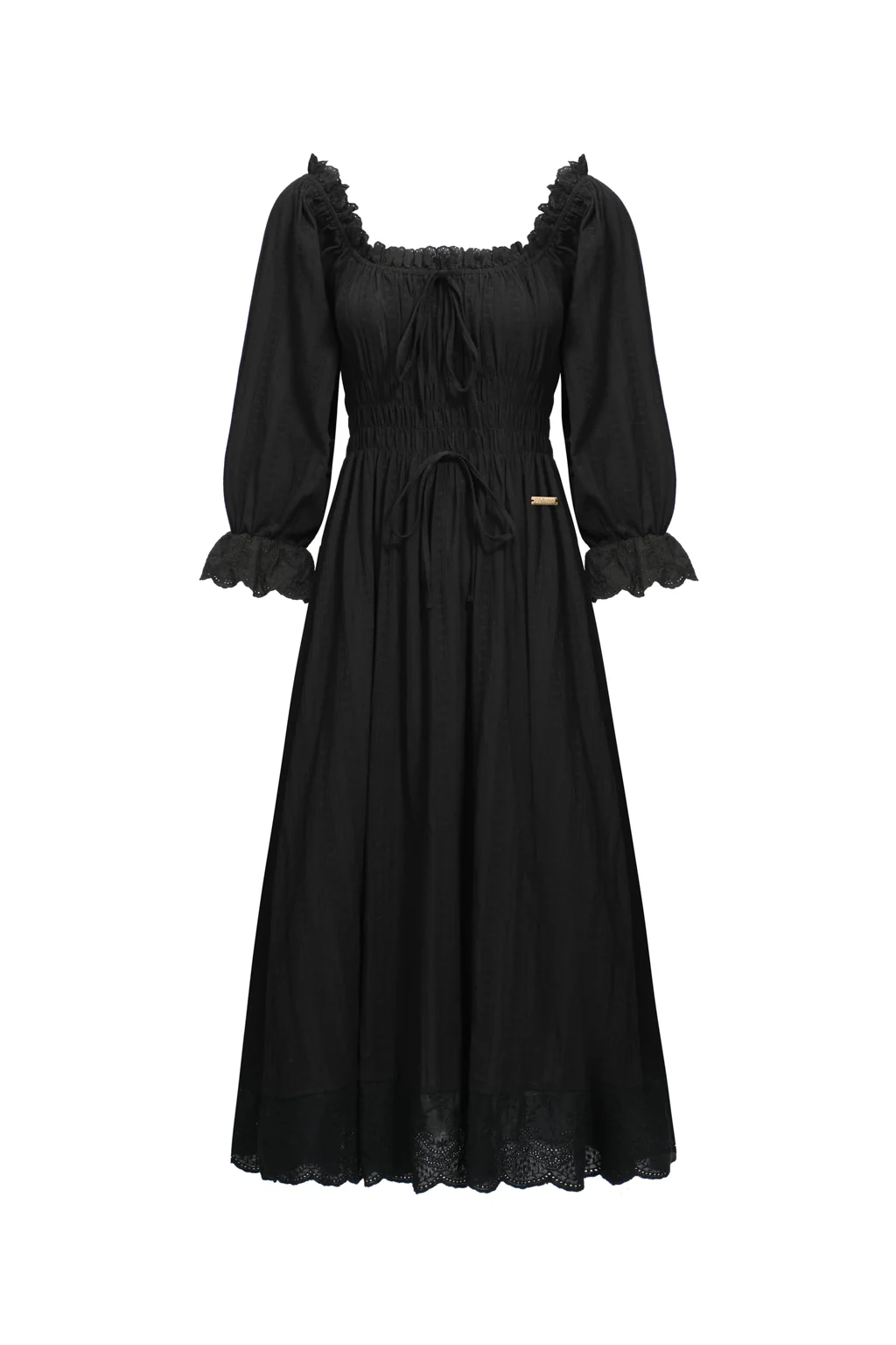 Robe Midi Smockée en Coton à Manche Bouffante - Noir