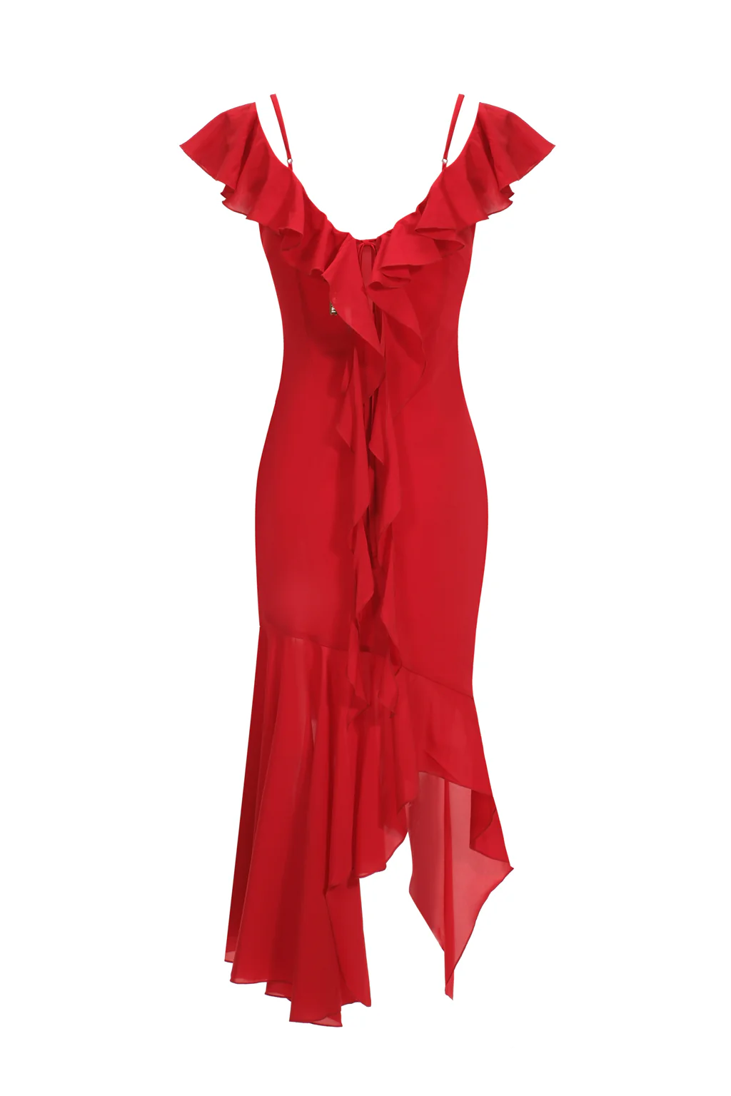 Robe Midi en Chiffon à Volants Asymétriques Rouge