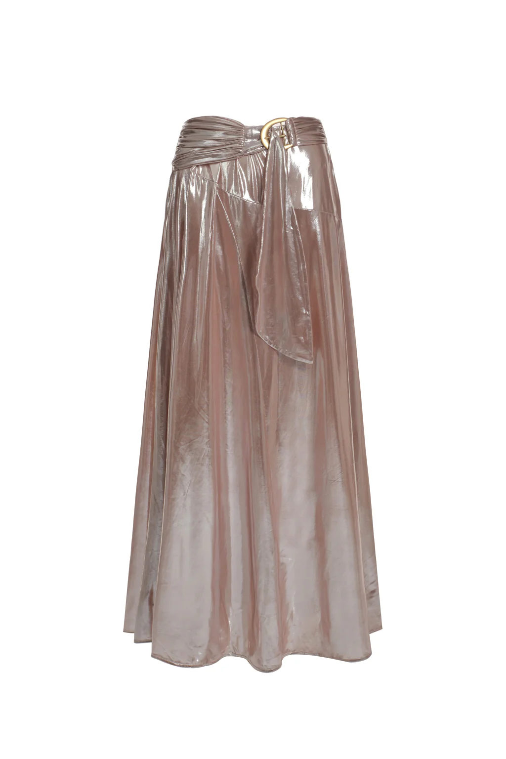Jupe longue en lamé stretch à godets - Or rose