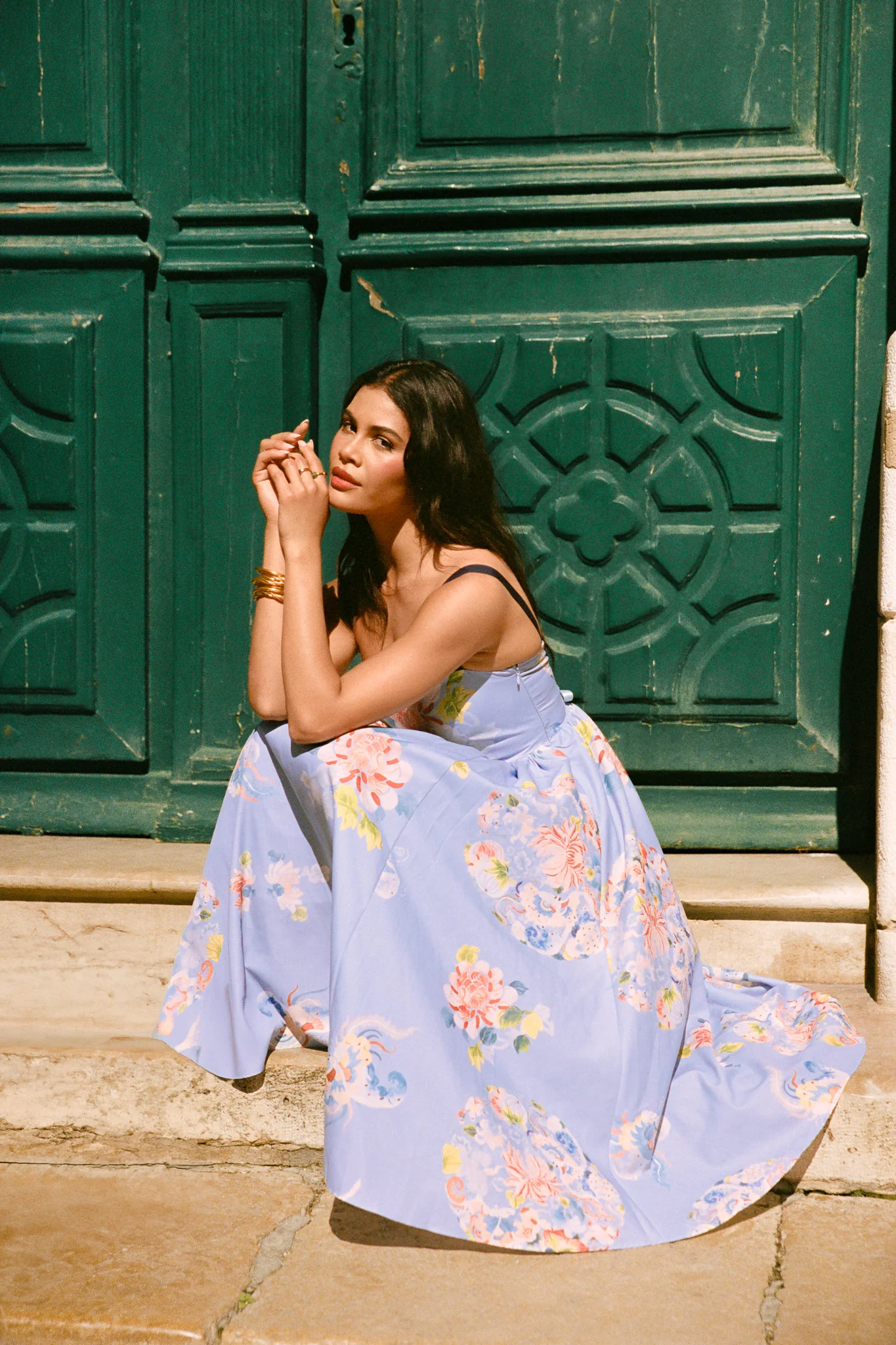 Robe midi à lacets et à imprimé fleuri - Bleu