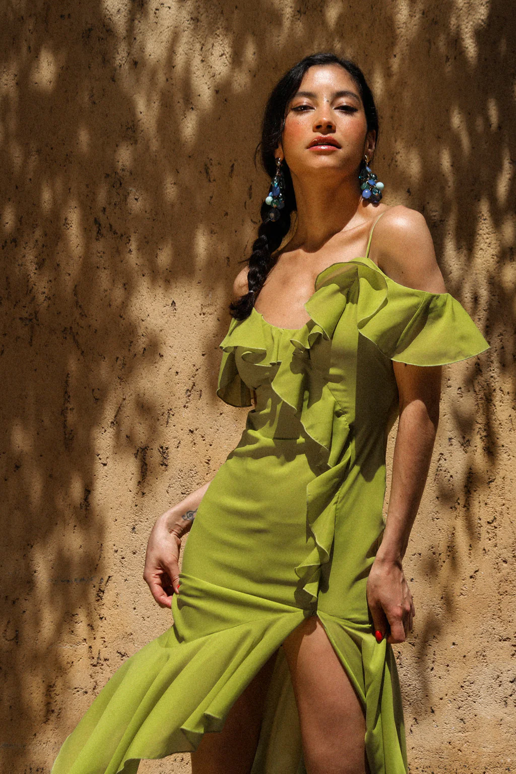 Robe Midi en Chiffon à Volants Asymétriques Vert Oasis