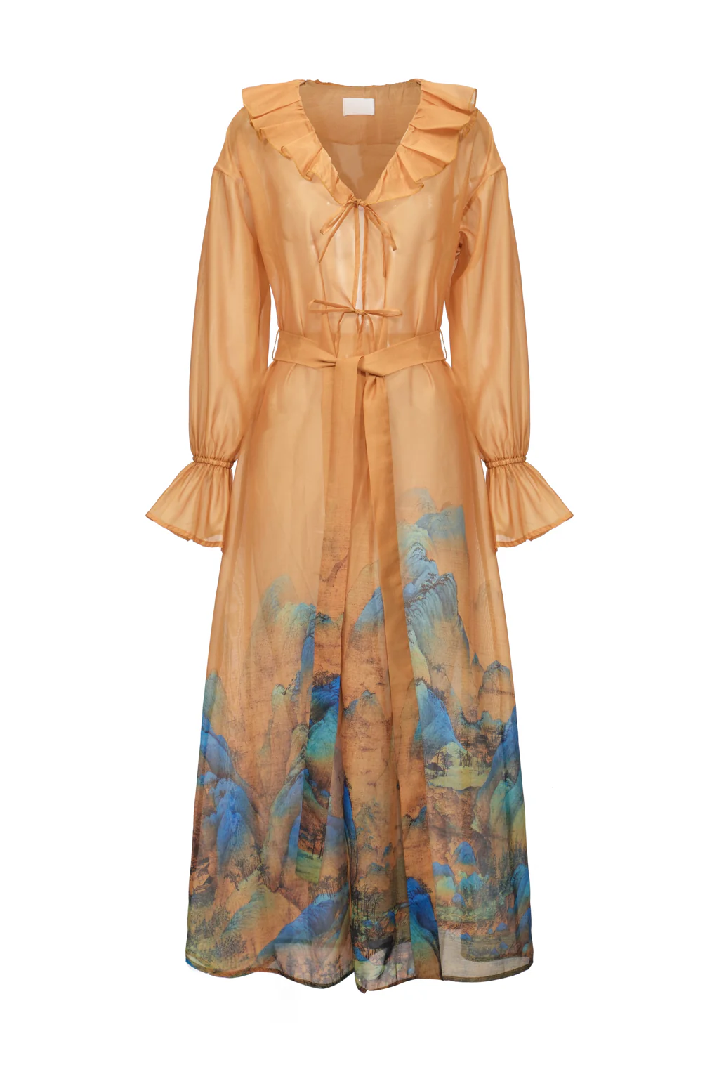 Veste Longue en Crêpe Transparent Imprimé Shan Shui Bleu-Vert