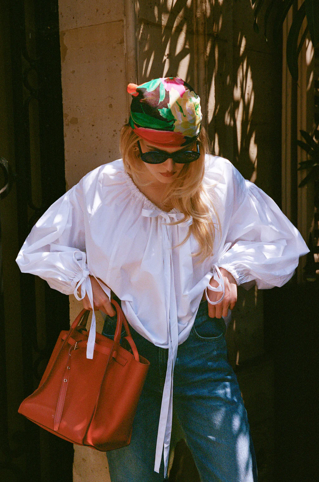Blouse en popeline de coton à liens - Blanc