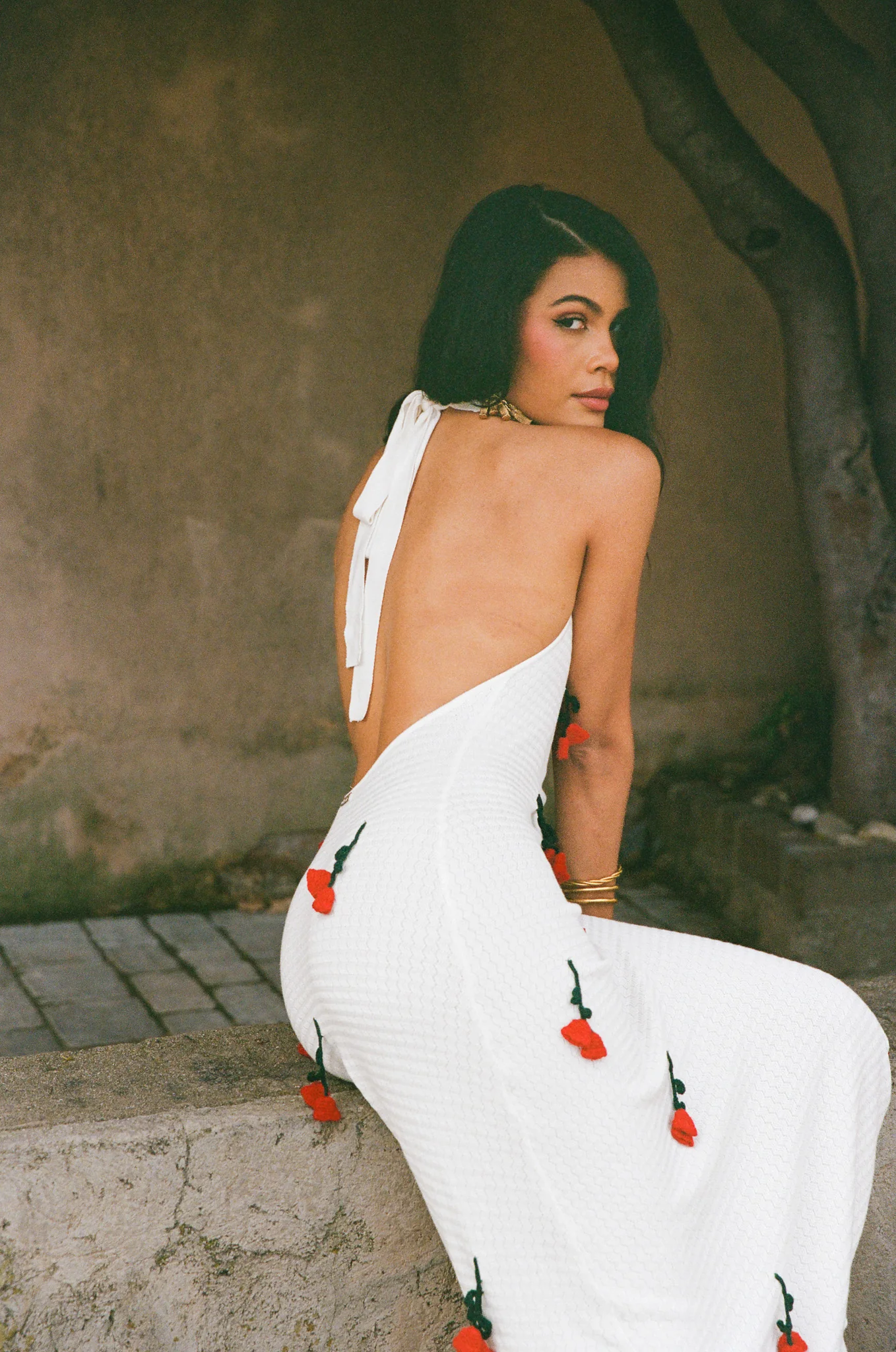 Robe en maille dos-nu avec des fleurs à crochet - Blanc