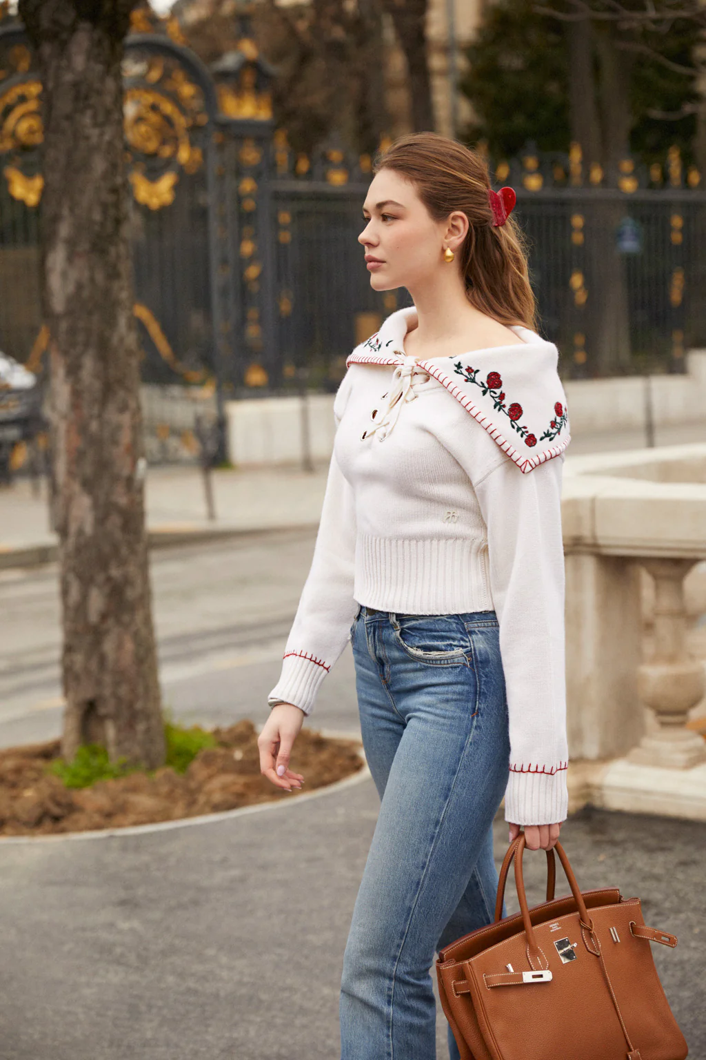 Pull à col brodé en pur cachemire - beige