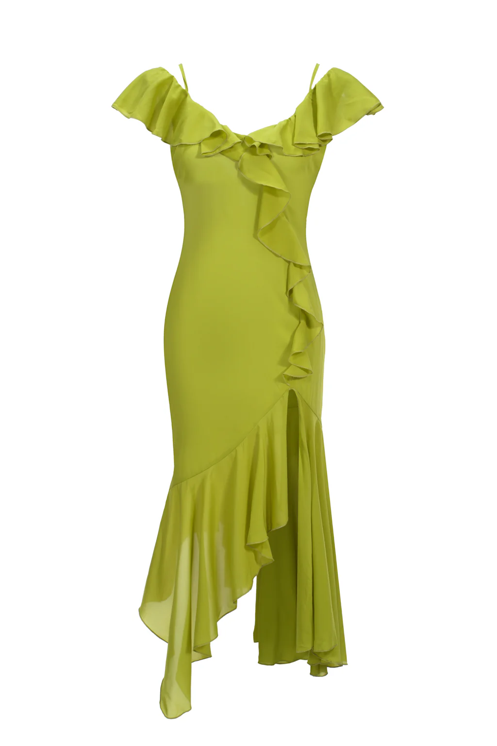 Robe Midi en Chiffon à Volants Asymétriques Vert Oasis