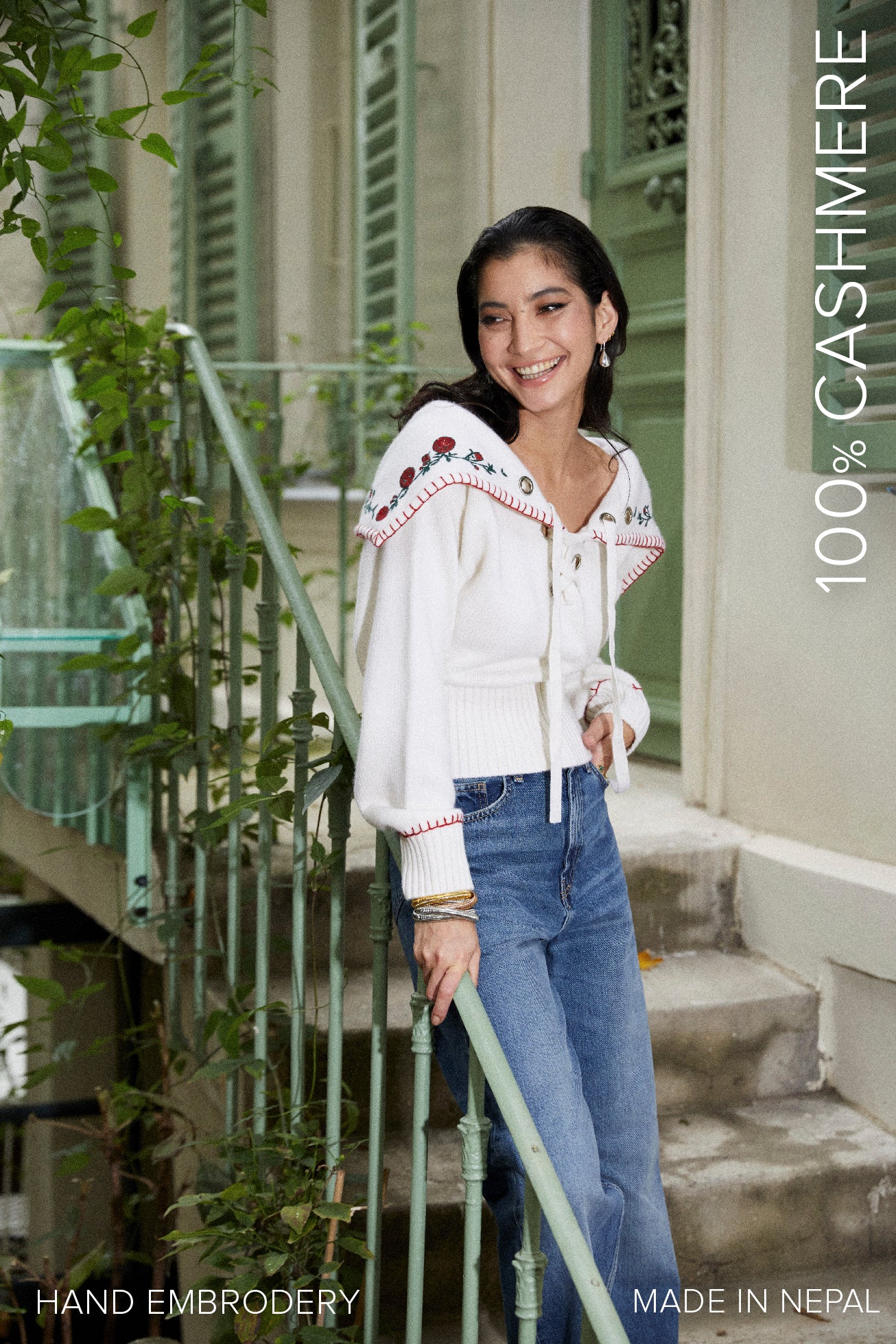 Pull à col brodé en pur cachemire - beige