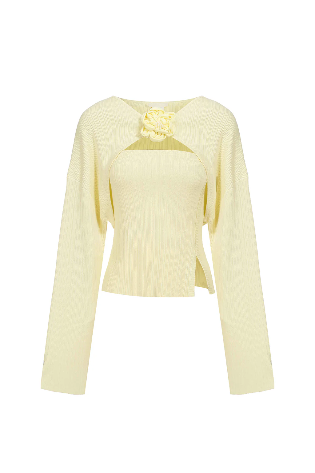 Twin set côtelé avec fleur - Jaune