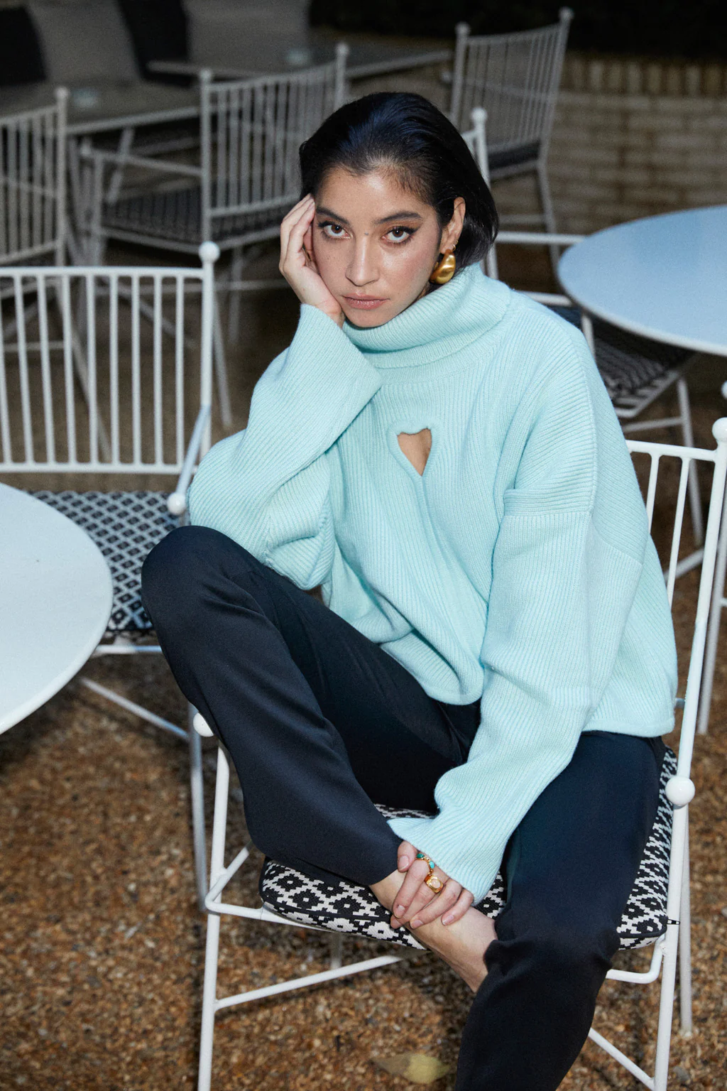 Pull en pur cachemire à découpe coeurs - vert spray